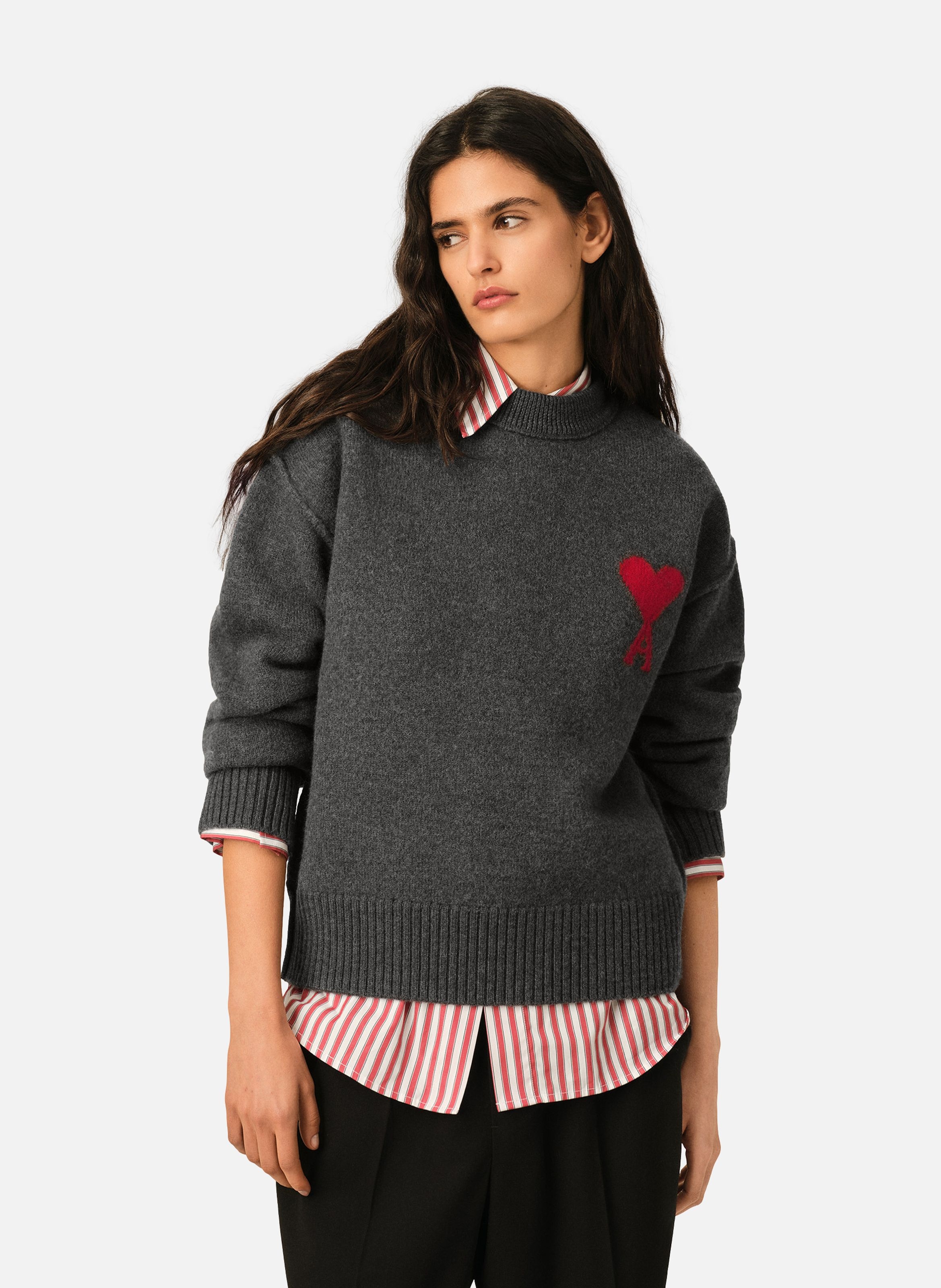 Pull col rond ami de coeur en laine unisexe AMI PARIS Gris