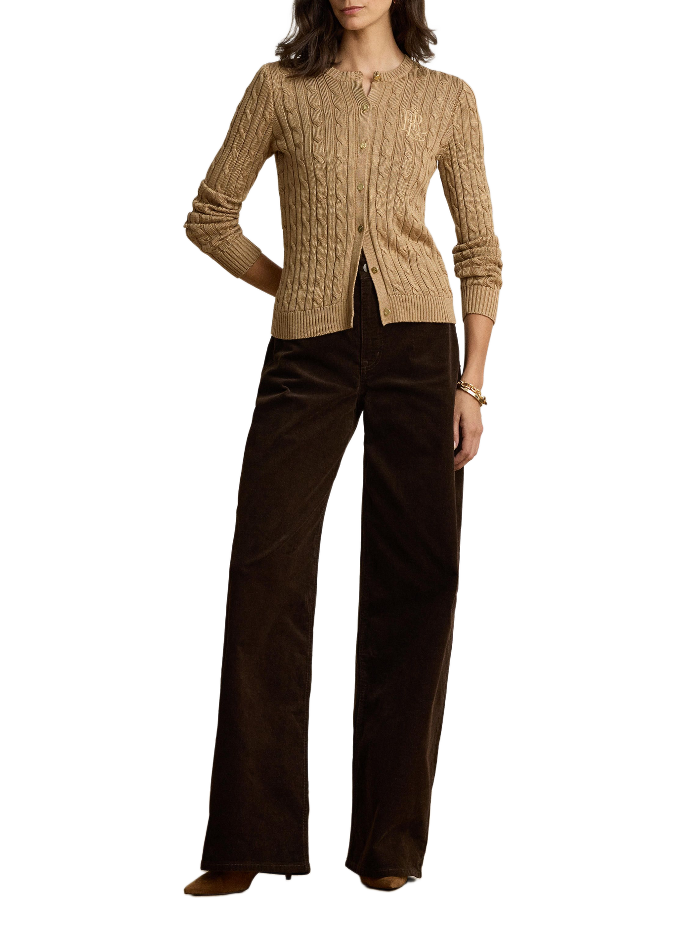 Cardigan with embroidered logo in twisted knit cotton. LAUREN Beige