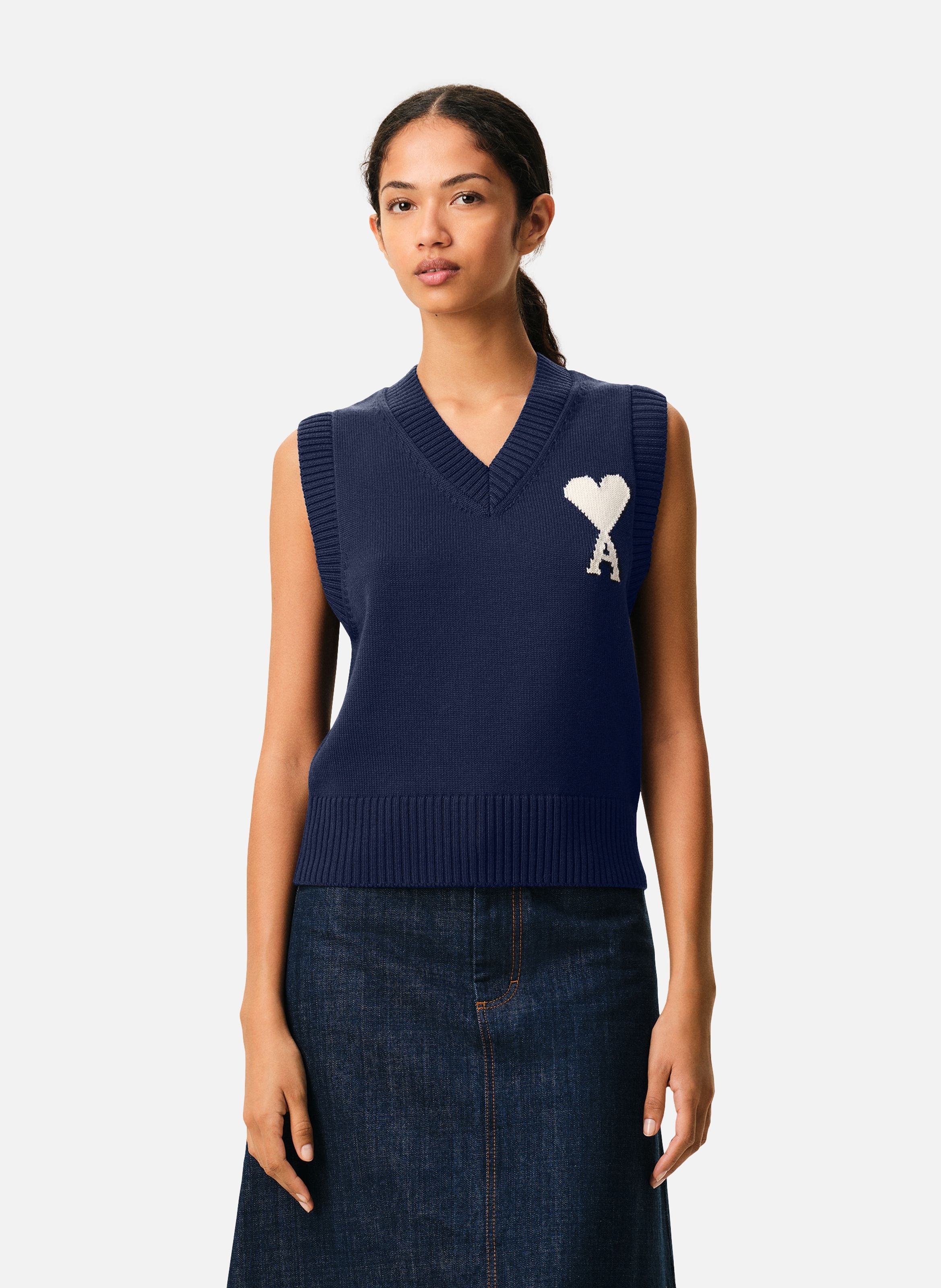 Pull col v sans manches ami de coeur en laine unisexe AMI PARIS Bleu