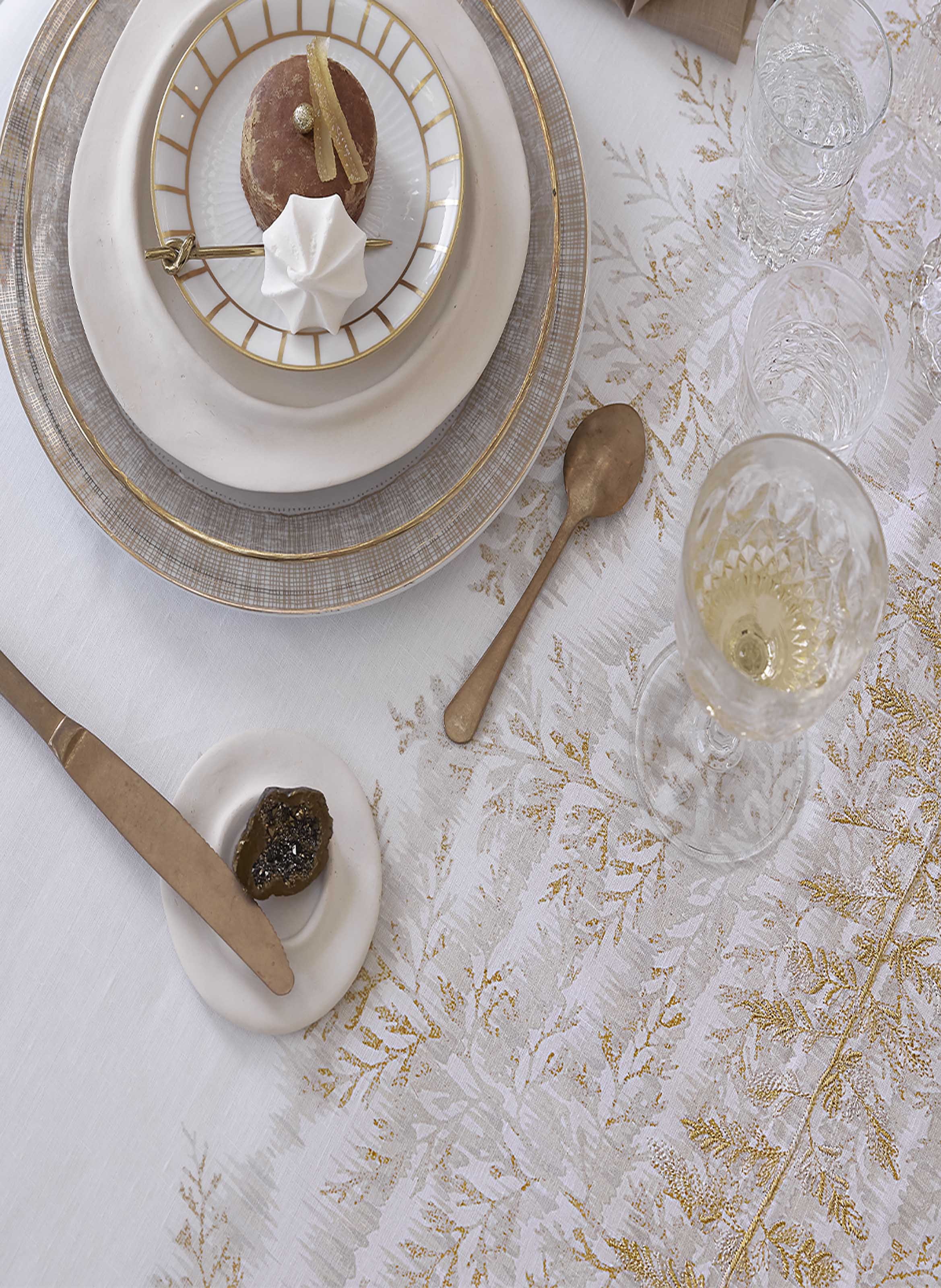 Nappe imprimée en lin, fossile ALEXANDRE TURPAULT Blanc