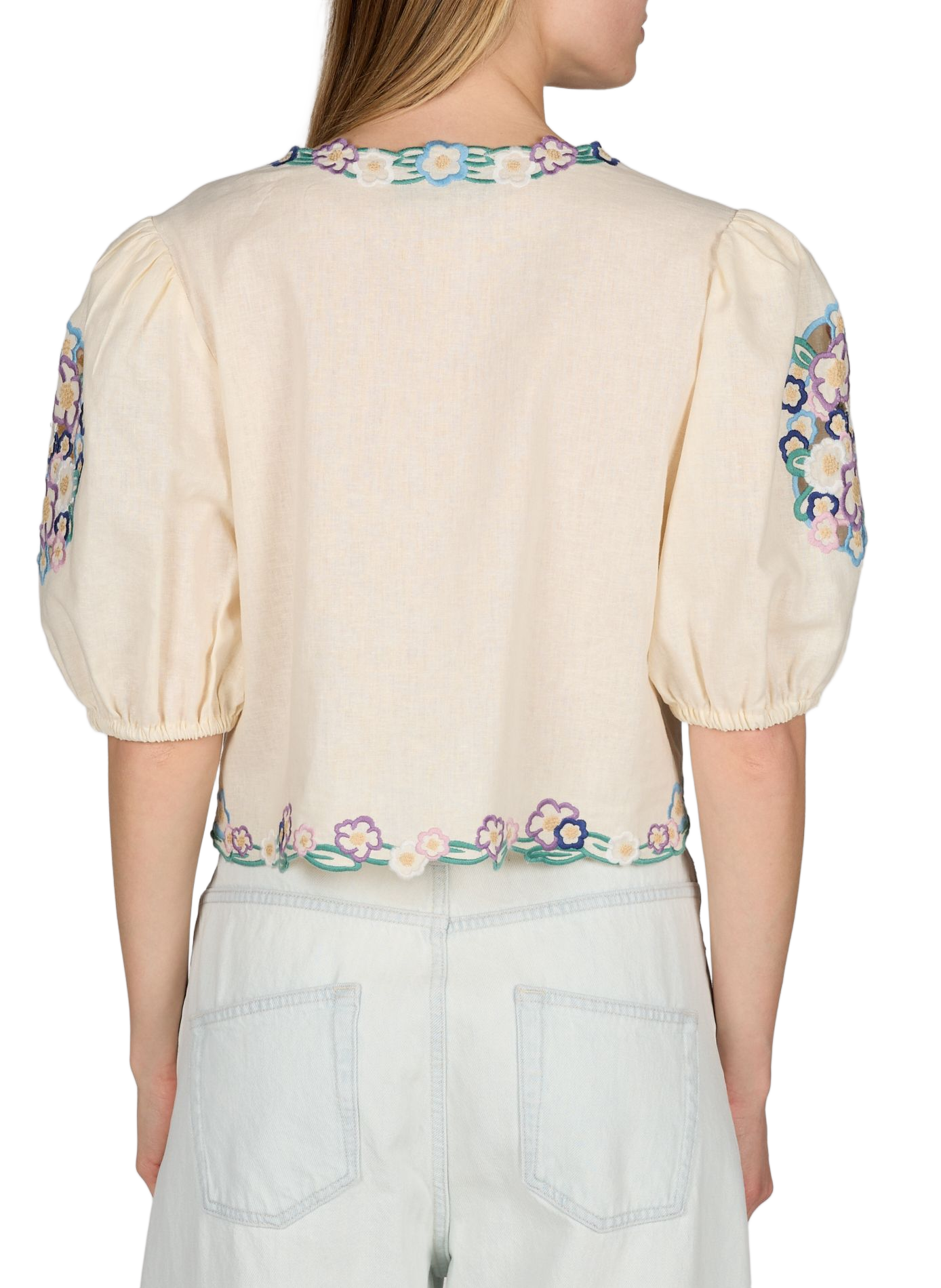 Top col V à broderies en lin mélangé BERENICE Beige