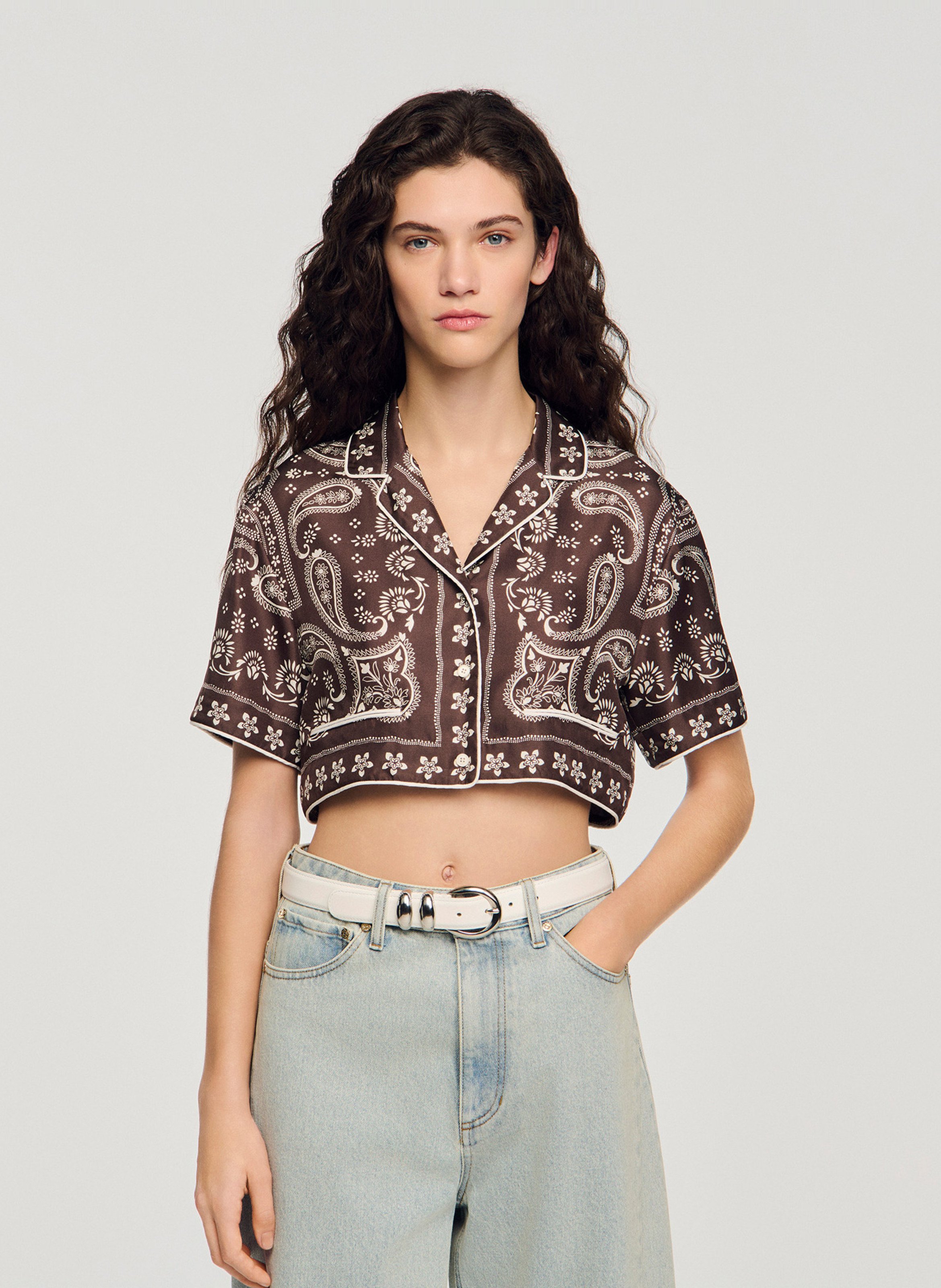 Chemise droite col tailleur imprimée SANDRO Marron