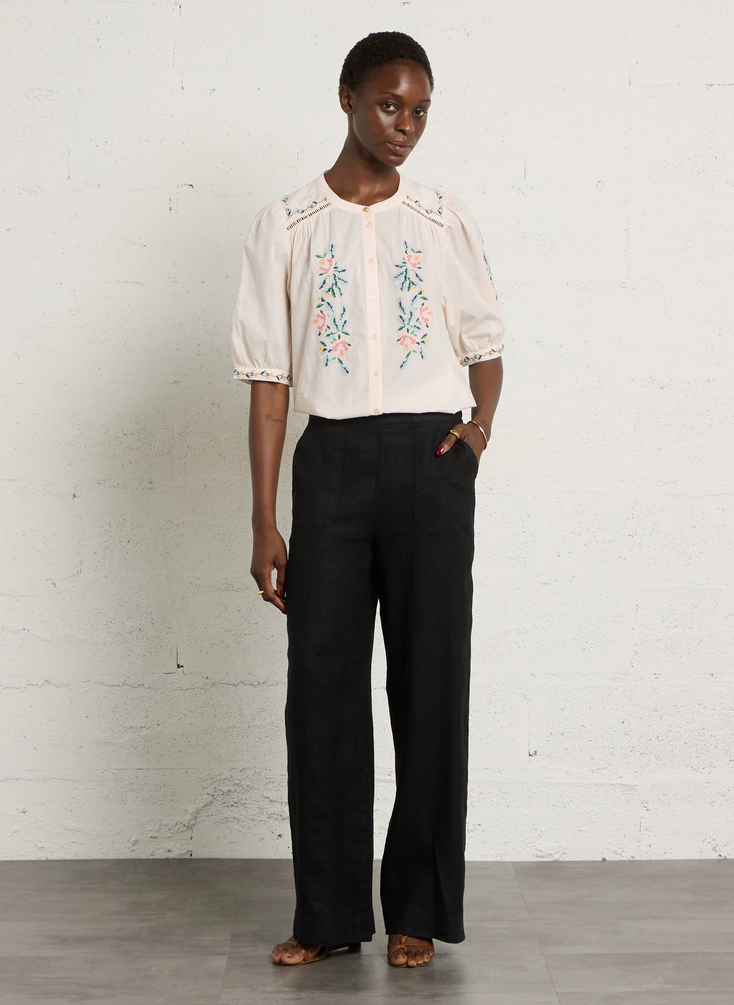 Pantalon large en lin terry | Noir MAISON 123 Femme