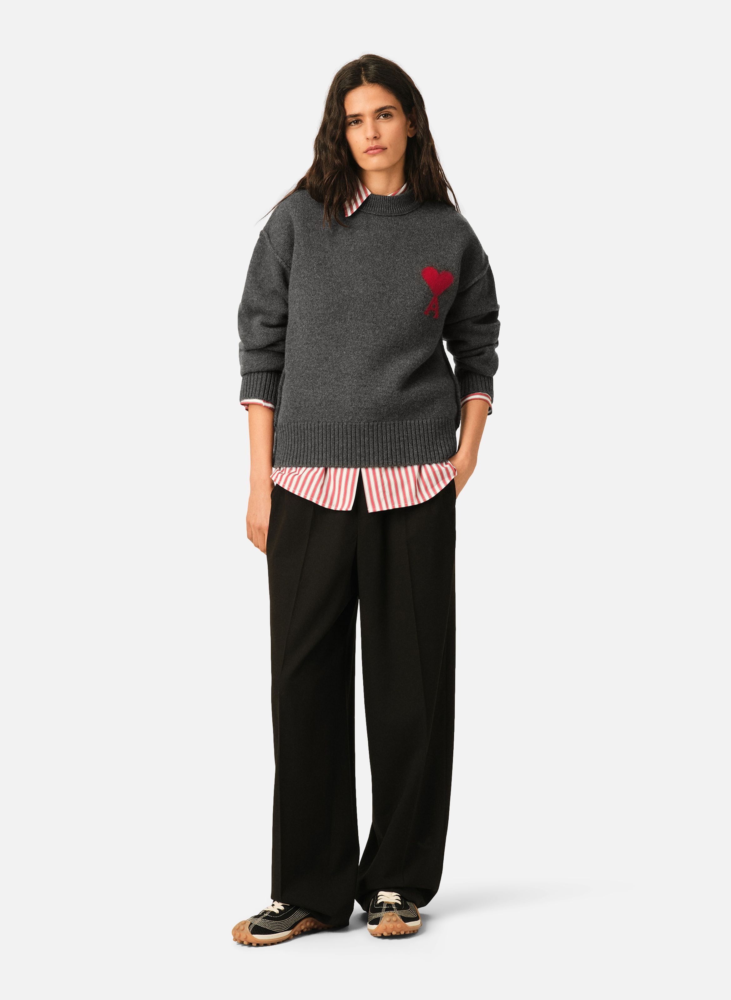 Pull col rond ami de coeur en laine unisexe AMI PARIS Gris