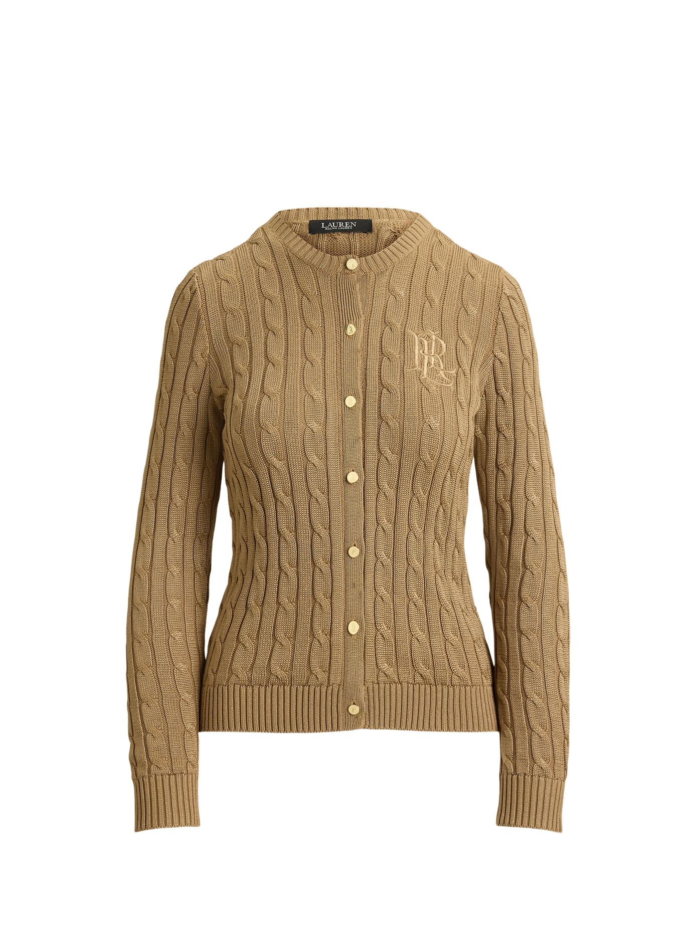 Cardigan with embroidered logo in twisted knit cotton. LAUREN Beige
