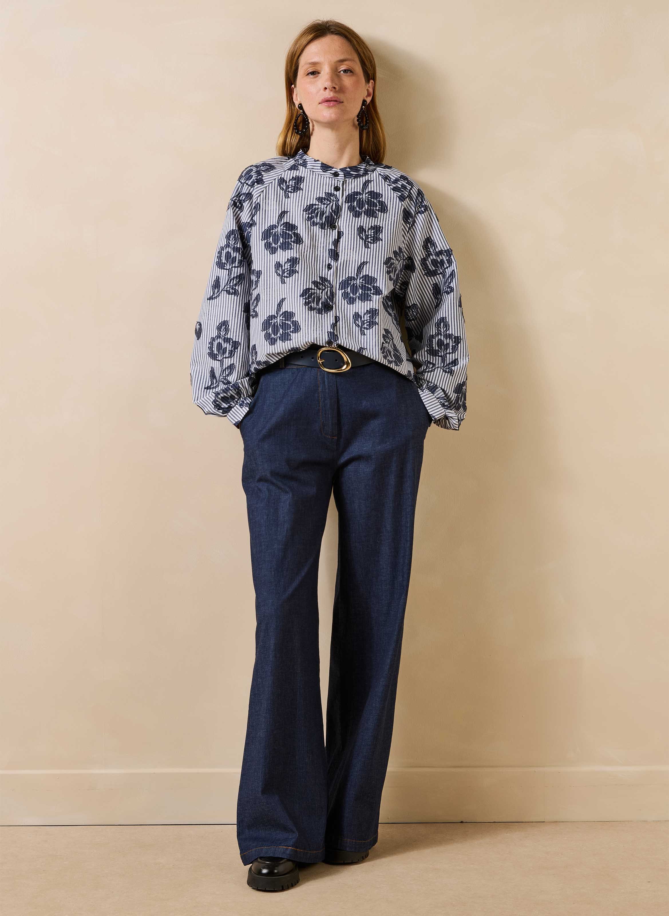 Gestreepte blouse met ronde hals van katoenmix LA FEE MARABOUTEE Blauw