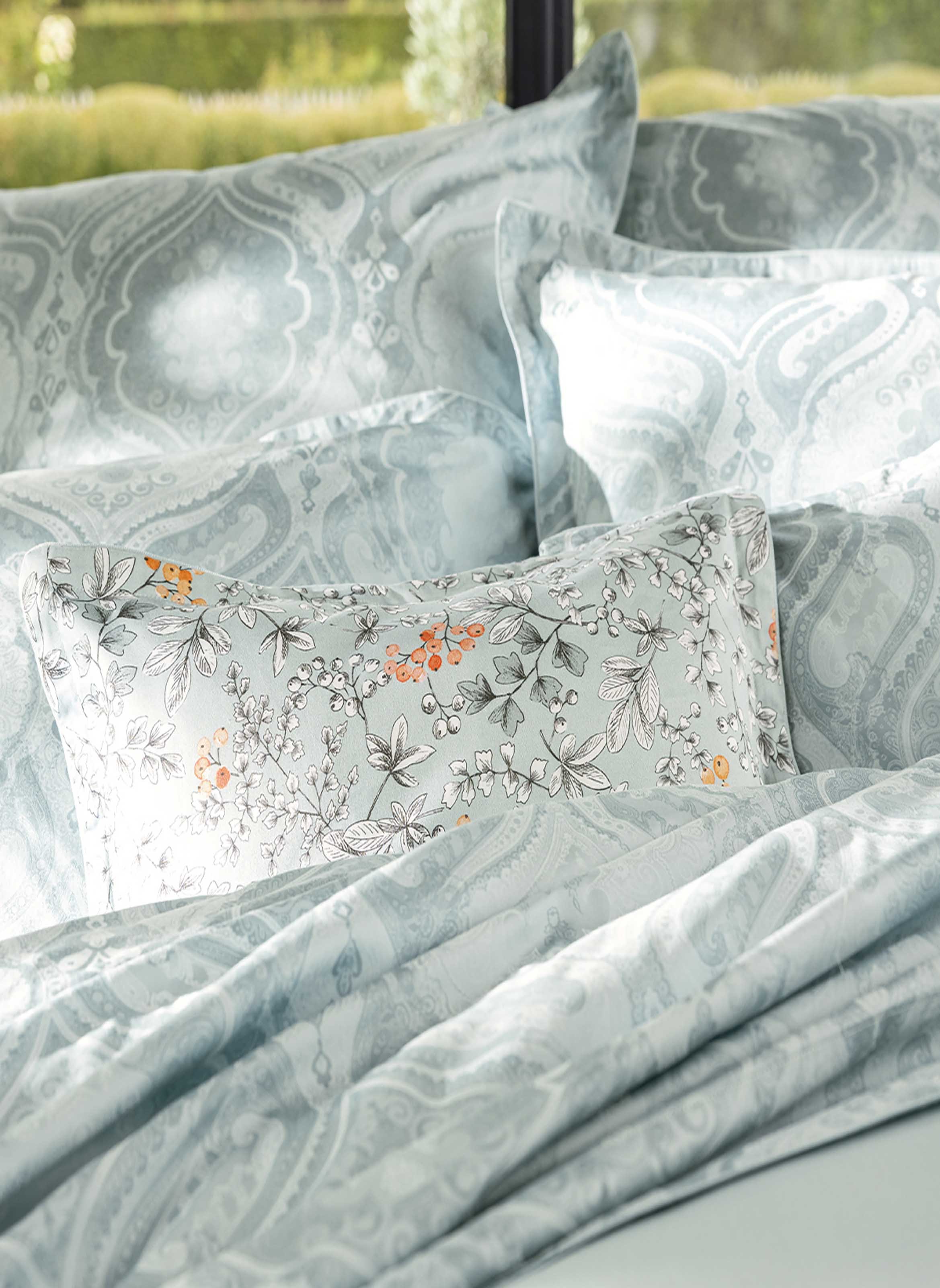 Taie d'oreiller imprimée en satin de coton bio, shalimar ALEXANDRE TURPAULT Bleu