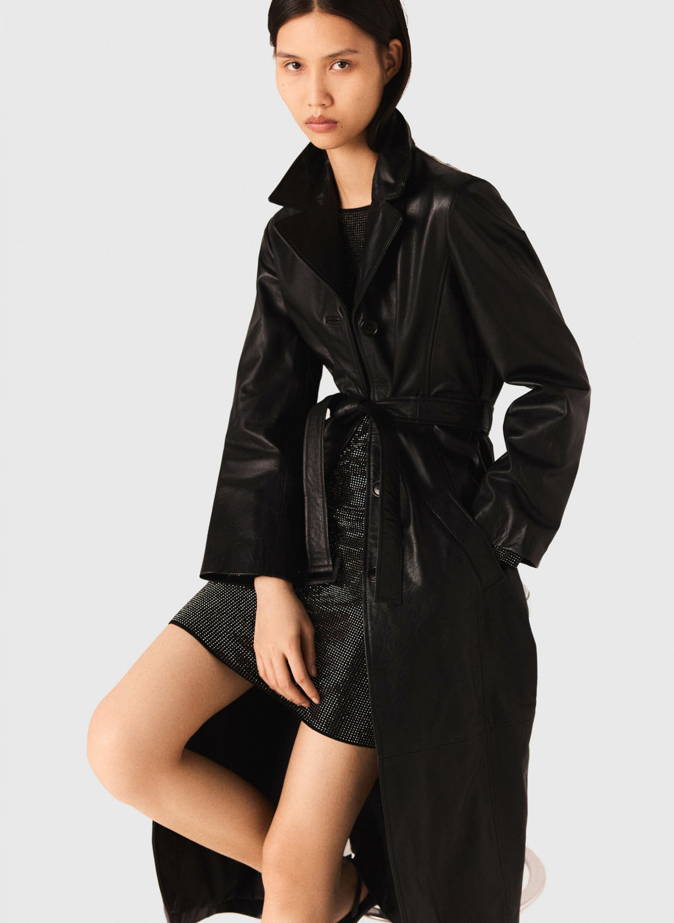 Trench droit en cuir MAJE Noir