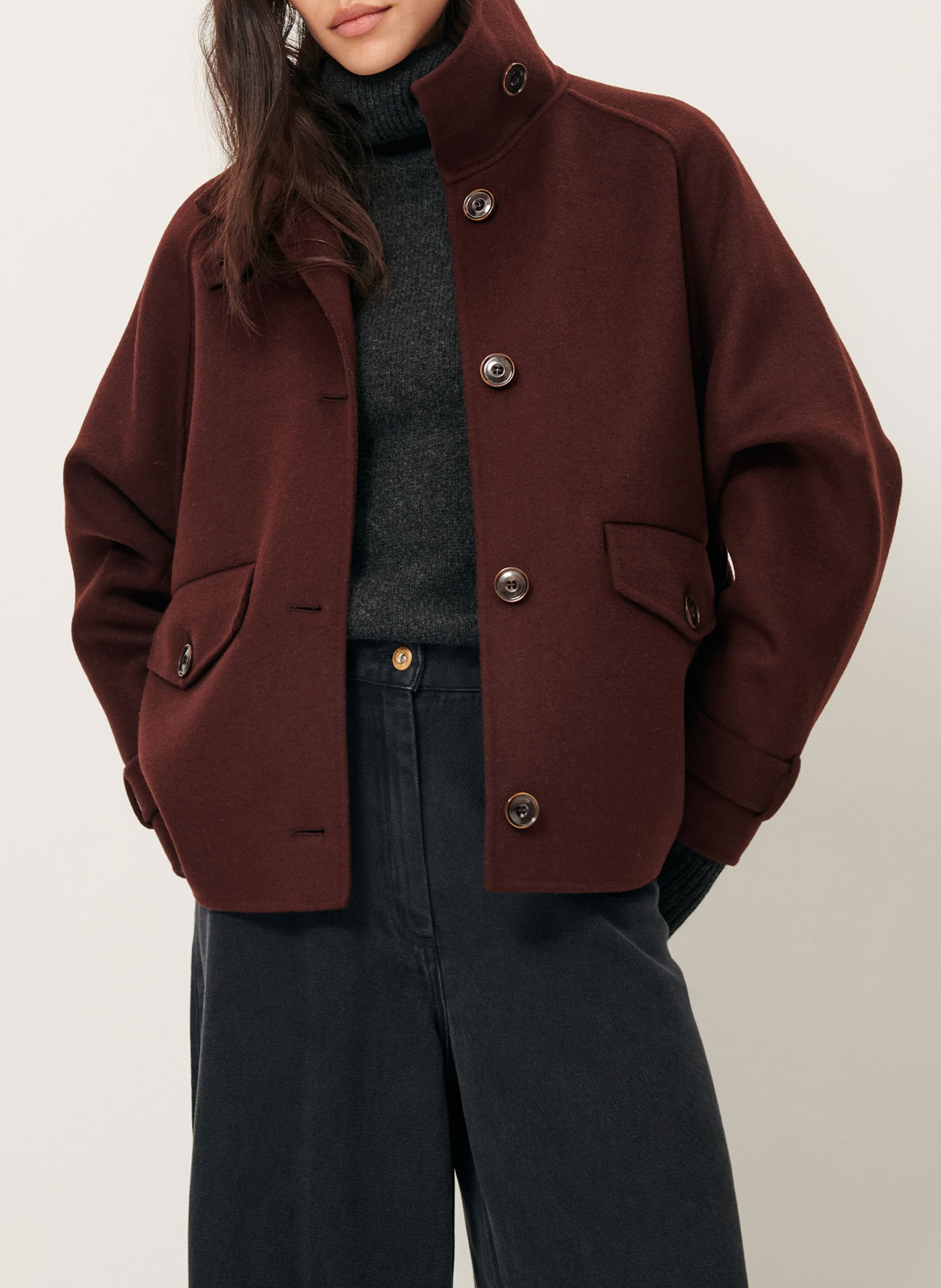 Manteau court à col montant en laine mélangée valley nevado SESSUN Marron