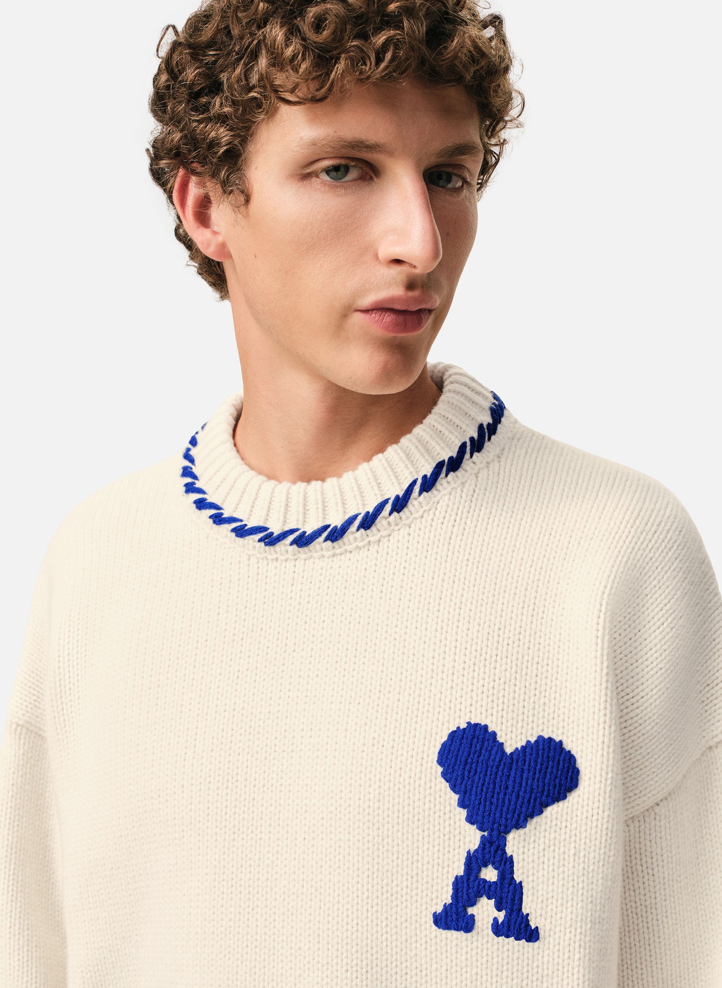 Pull col rond ami de coeur unisexe en laine AMI PARIS Blanc