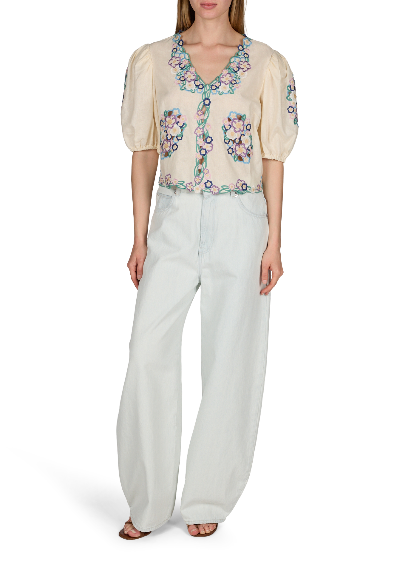 Top col V à broderies en lin mélangé BERENICE Beige