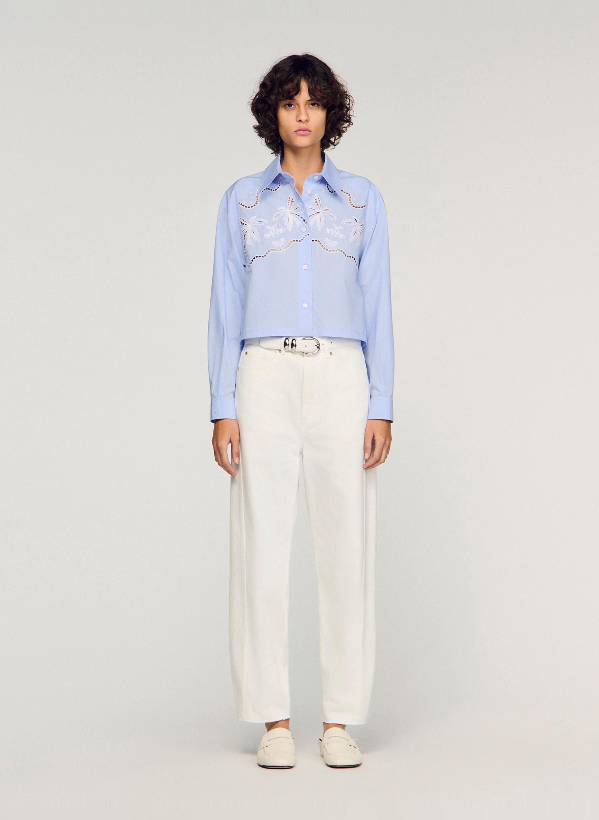 Chemise courte boutonnée à broderie SANDRO Bleu