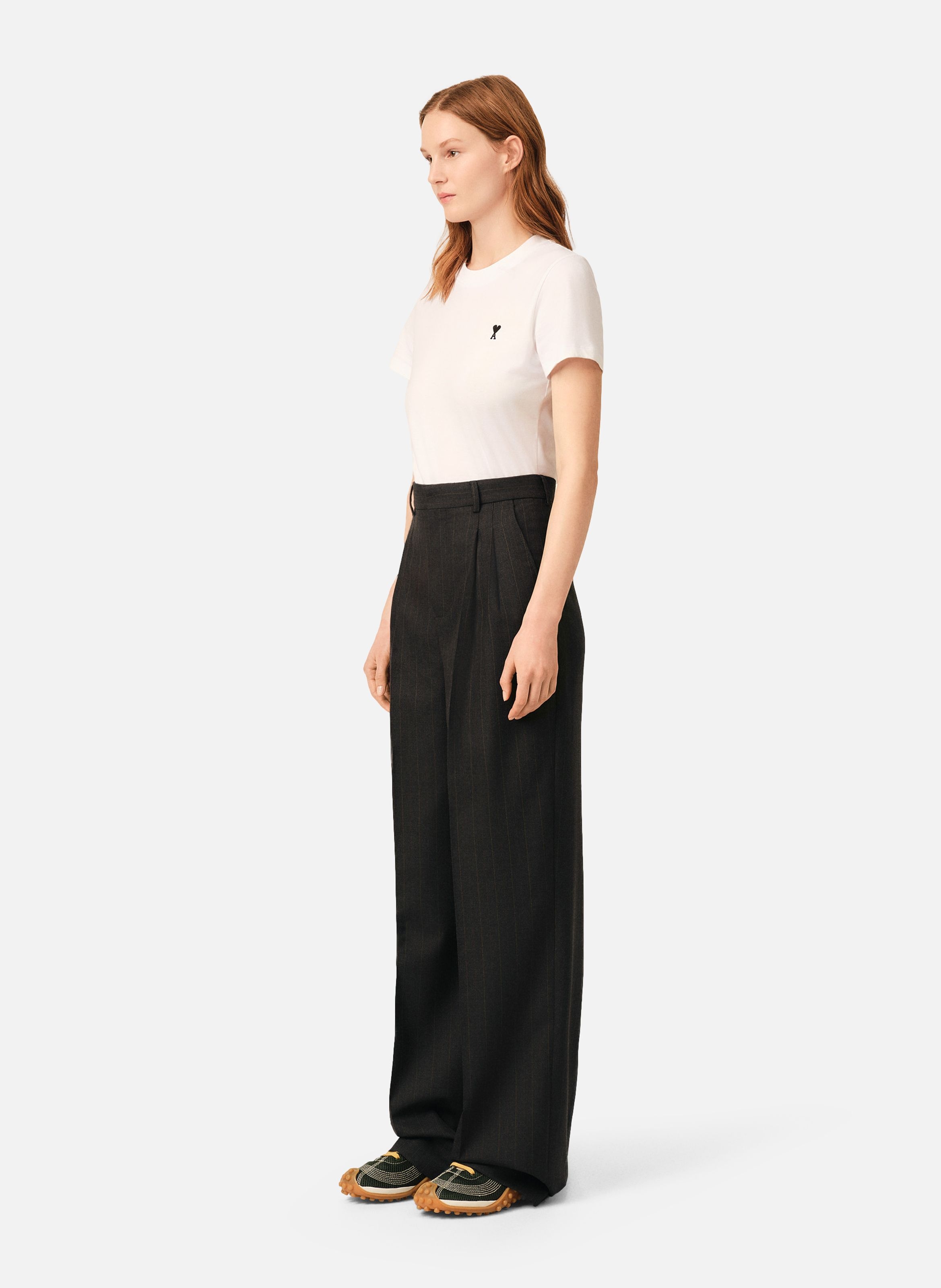Pantalon rayé coupe wide taille haute en laine AMI PARIS Gris