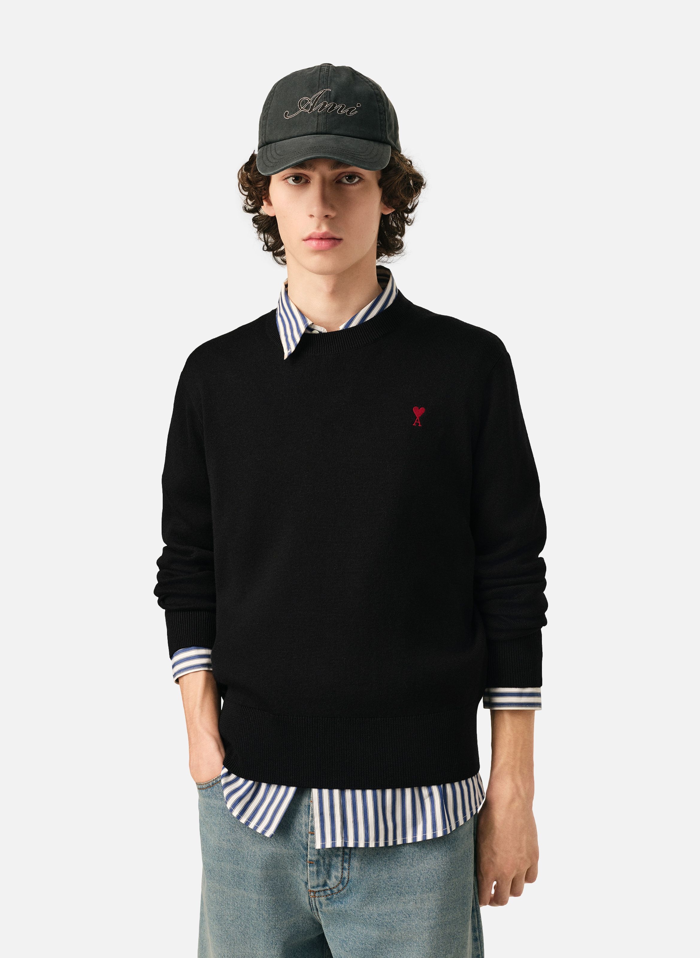 Pull col rond ami de coeur en laine AMI PARIS Noir