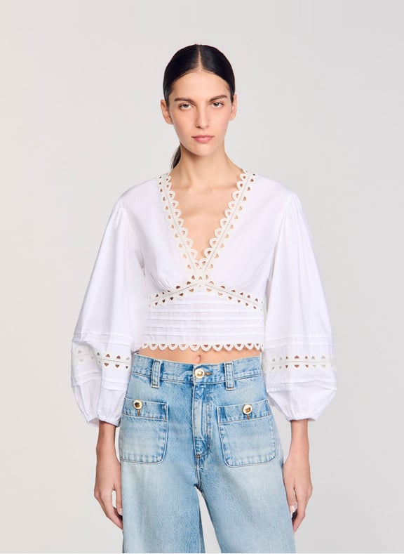 Top court col v en coton Blanc by SANDRO SANDRO Top court col v en coton Blanc
