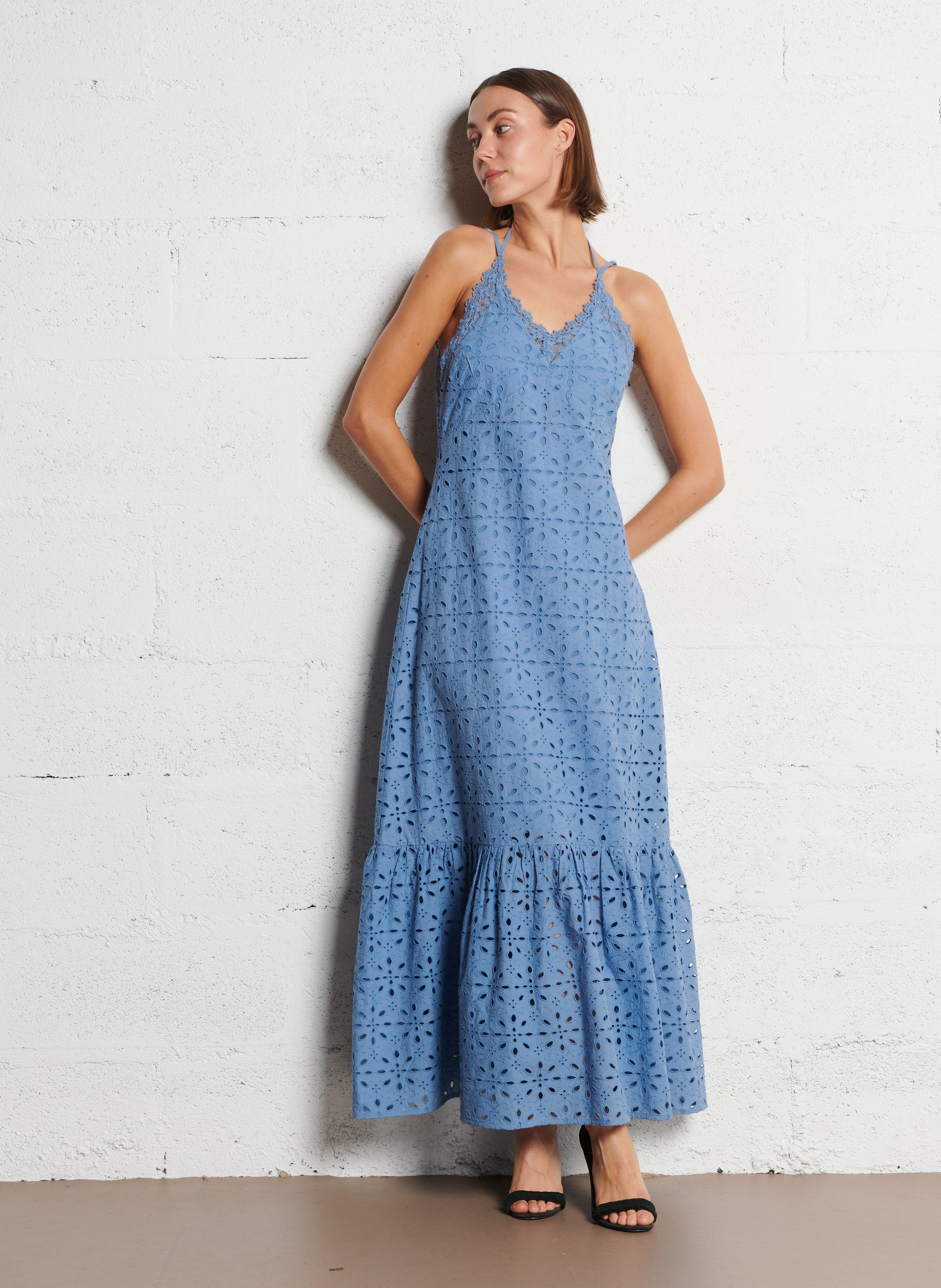 IKKS Robe longue col v brodée Bleu