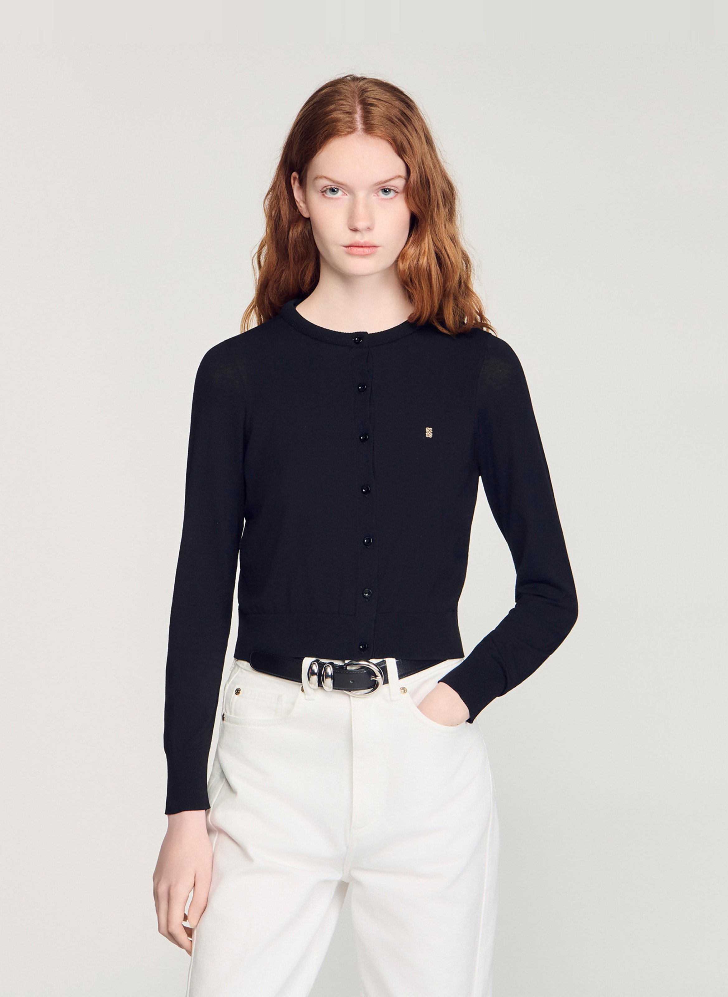 Cardigan court uni à broderie SANDRO Noir