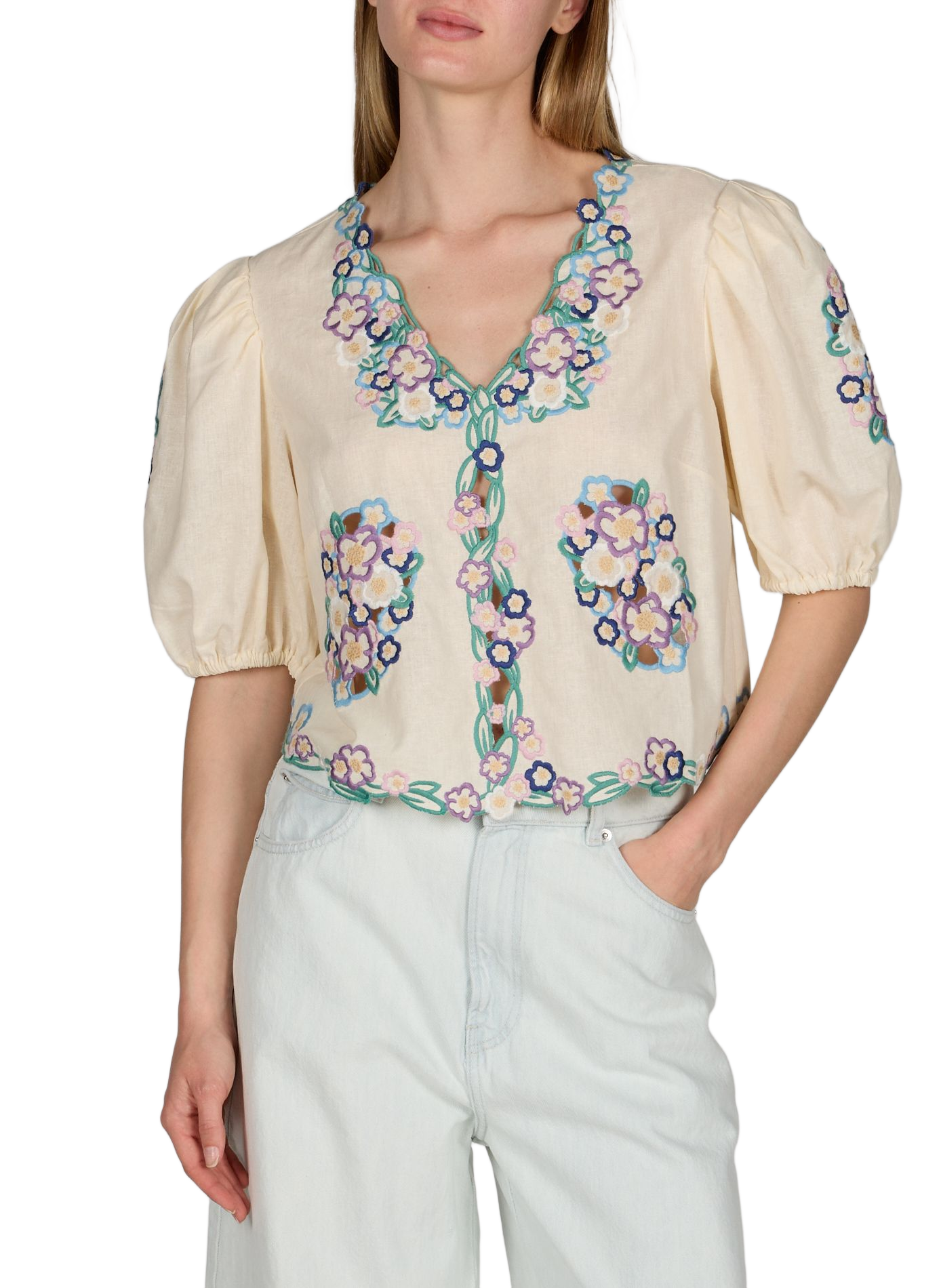 Top col V à broderies en lin mélangé BERENICE Beige