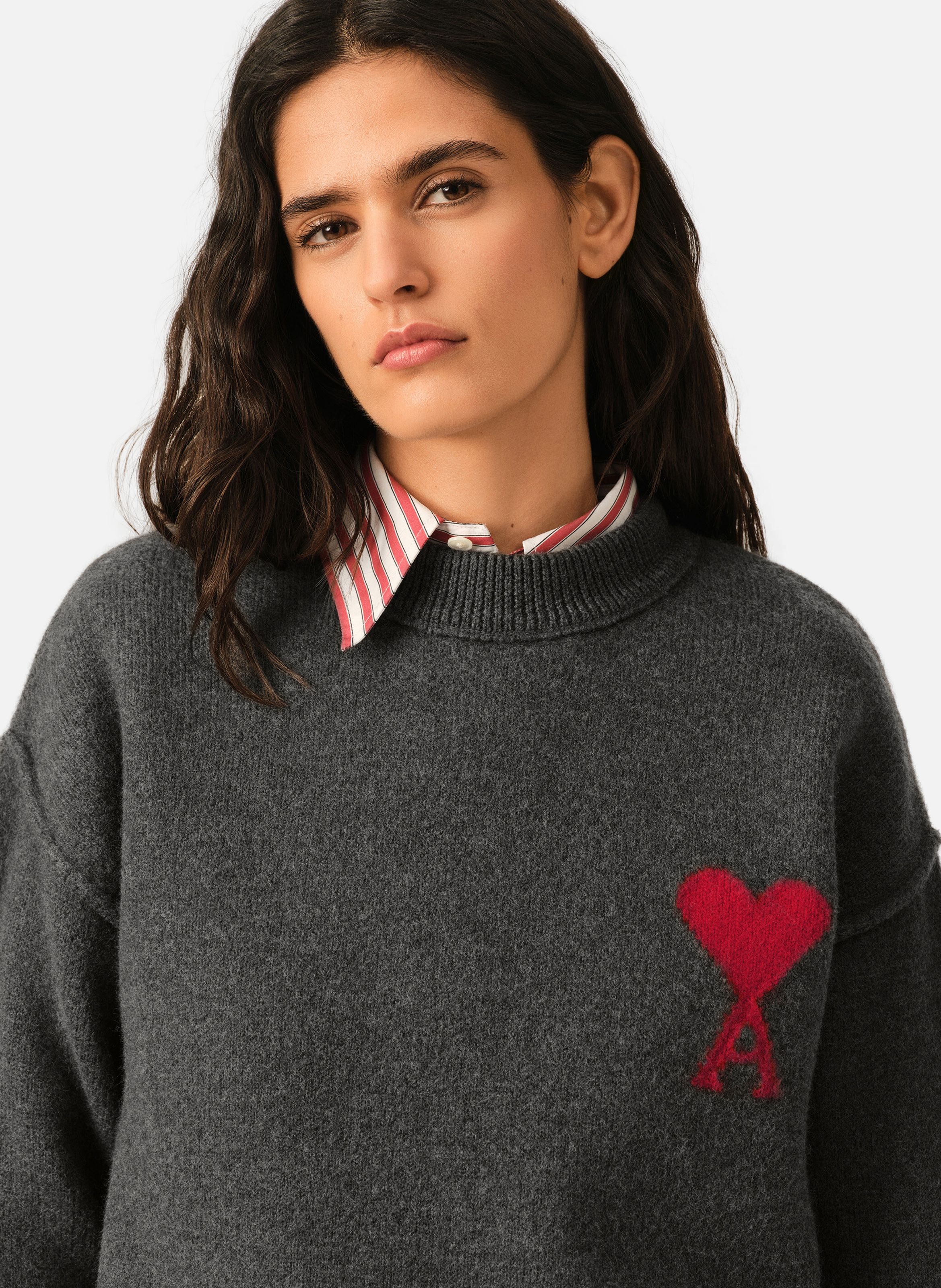 Pull col rond ami de coeur en laine unisexe AMI PARIS Gris