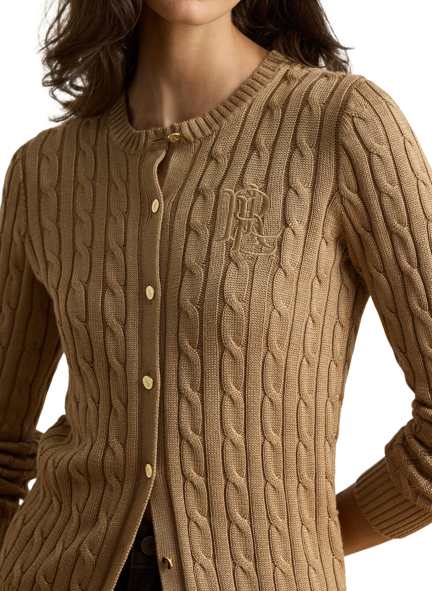 Cardigan with embroidered logo in twisted knit cotton. LAUREN Beige