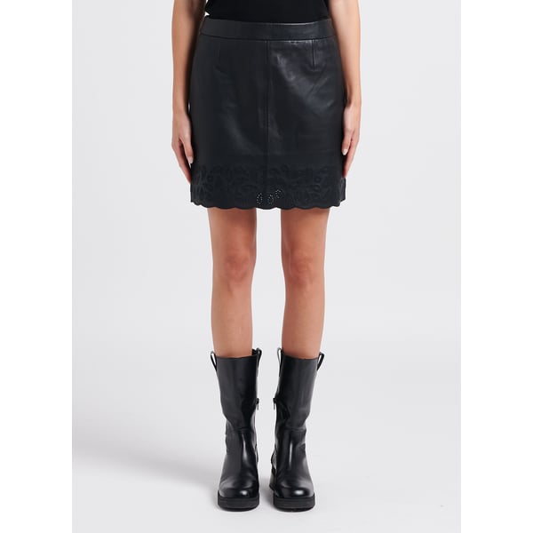 Jupe courte taille haute droite en cuir brodé