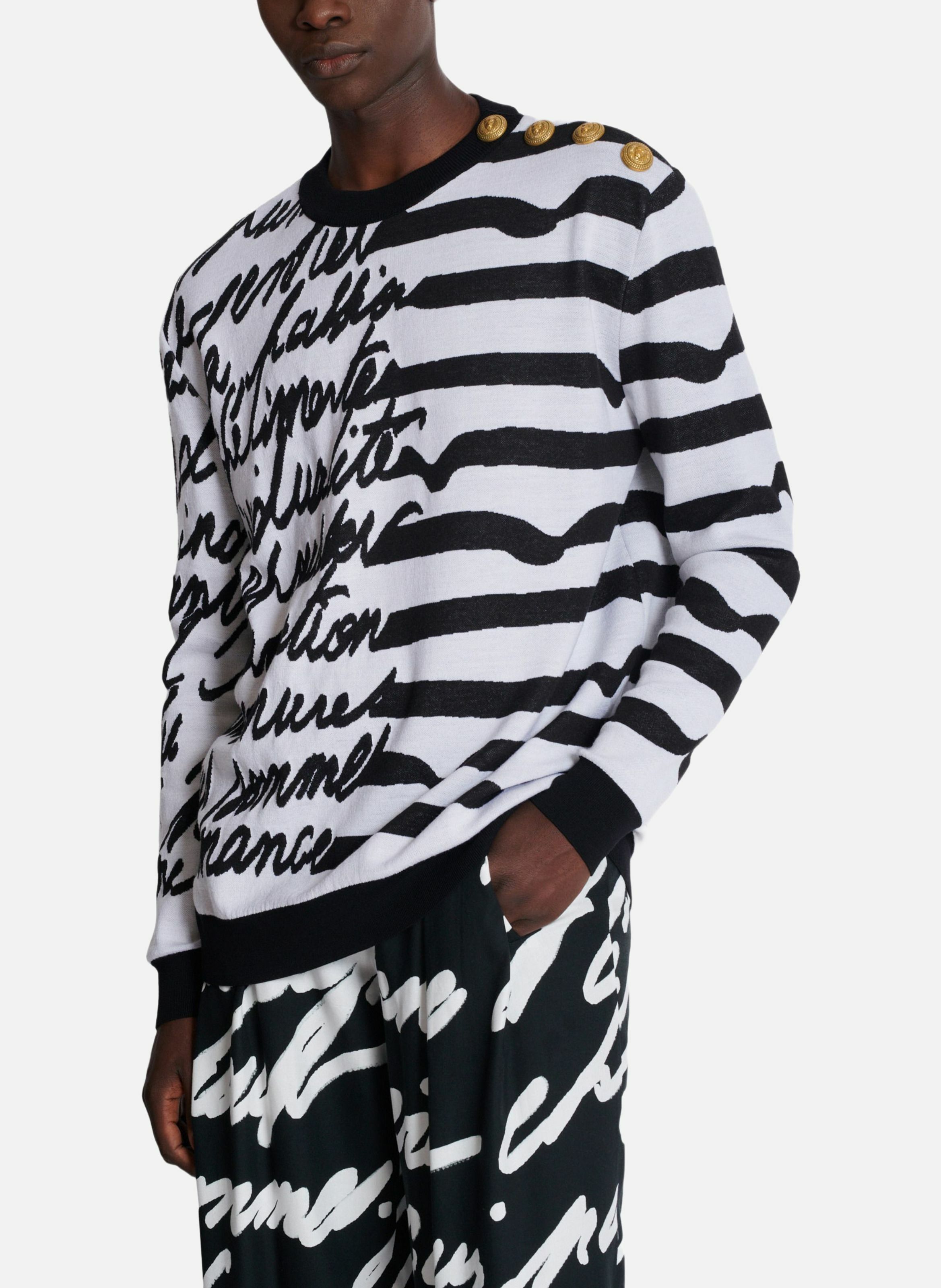 Pull marinière « lettre d'amour » en maille BALMAIN Blanc