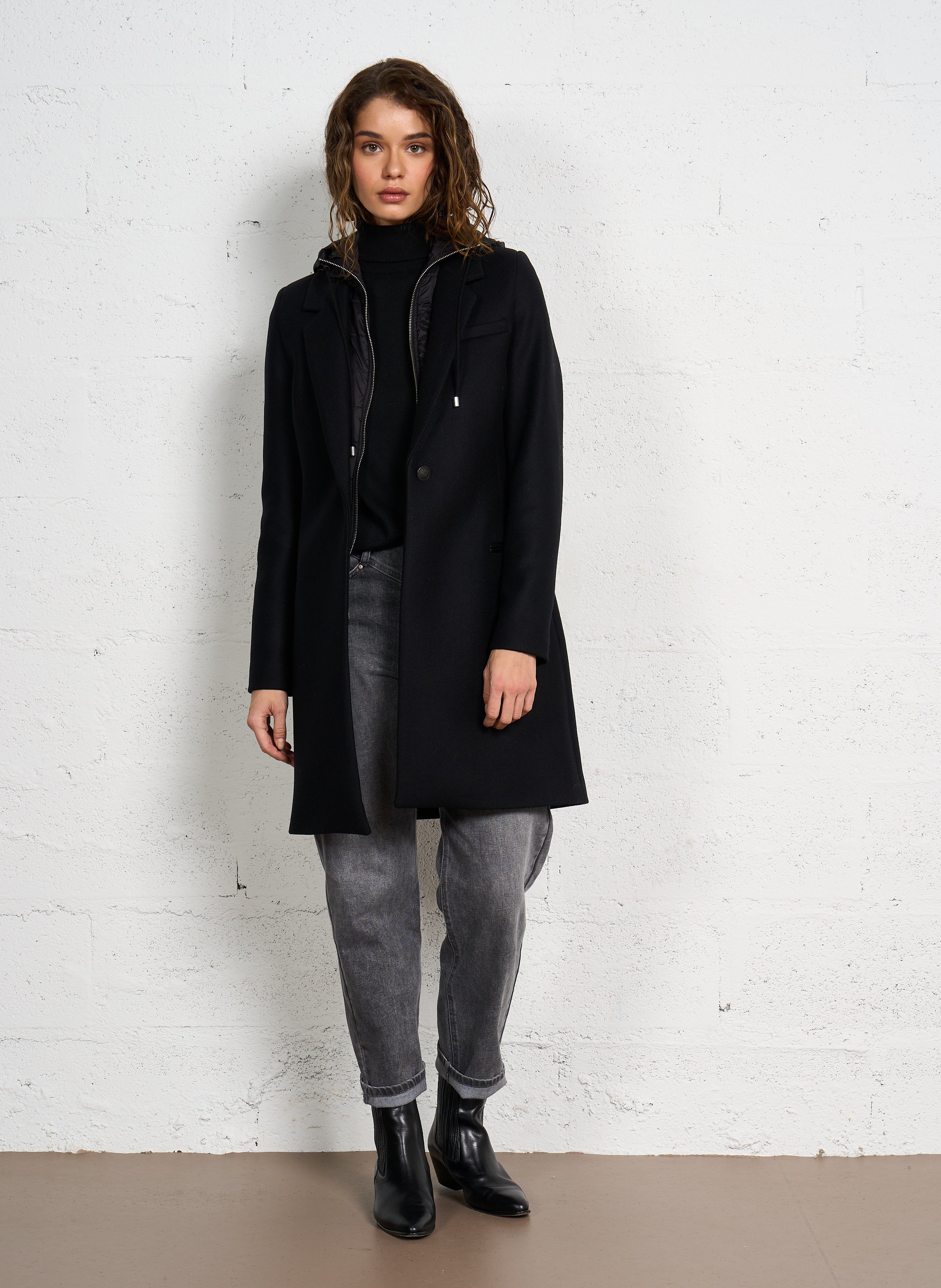 Manteau à capuche en drap de laine IKKS Noir