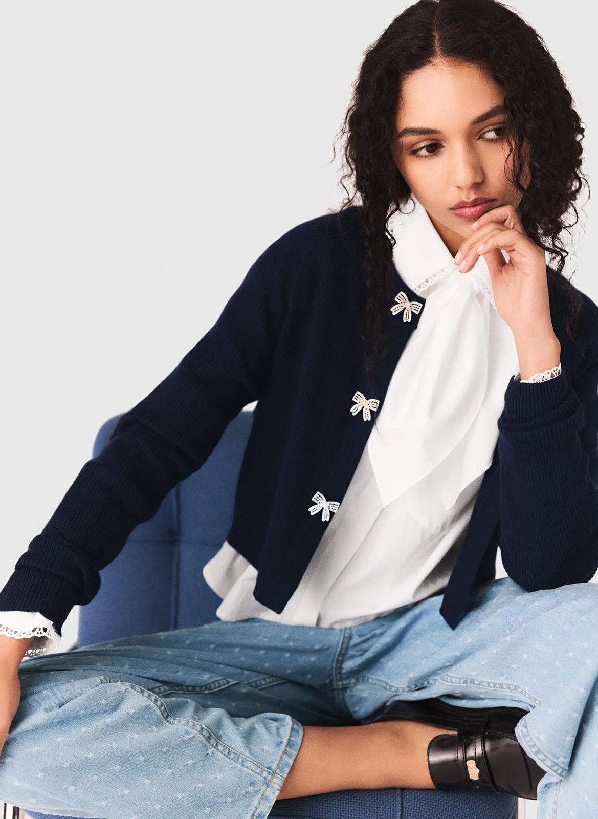 Cardigan droit col rond en laine MAJE Bleu