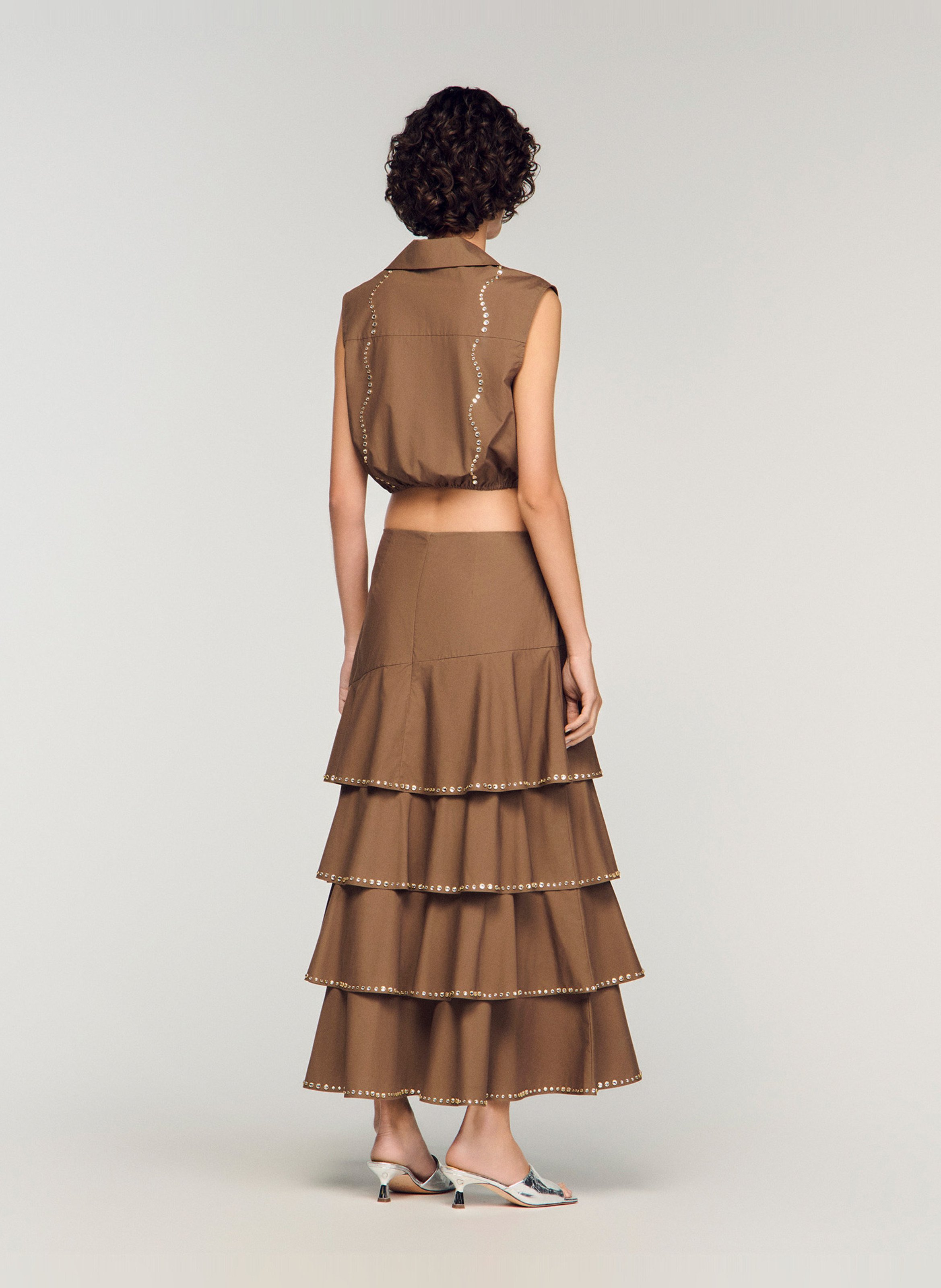 Jupe midi à volants SANDRO Marron