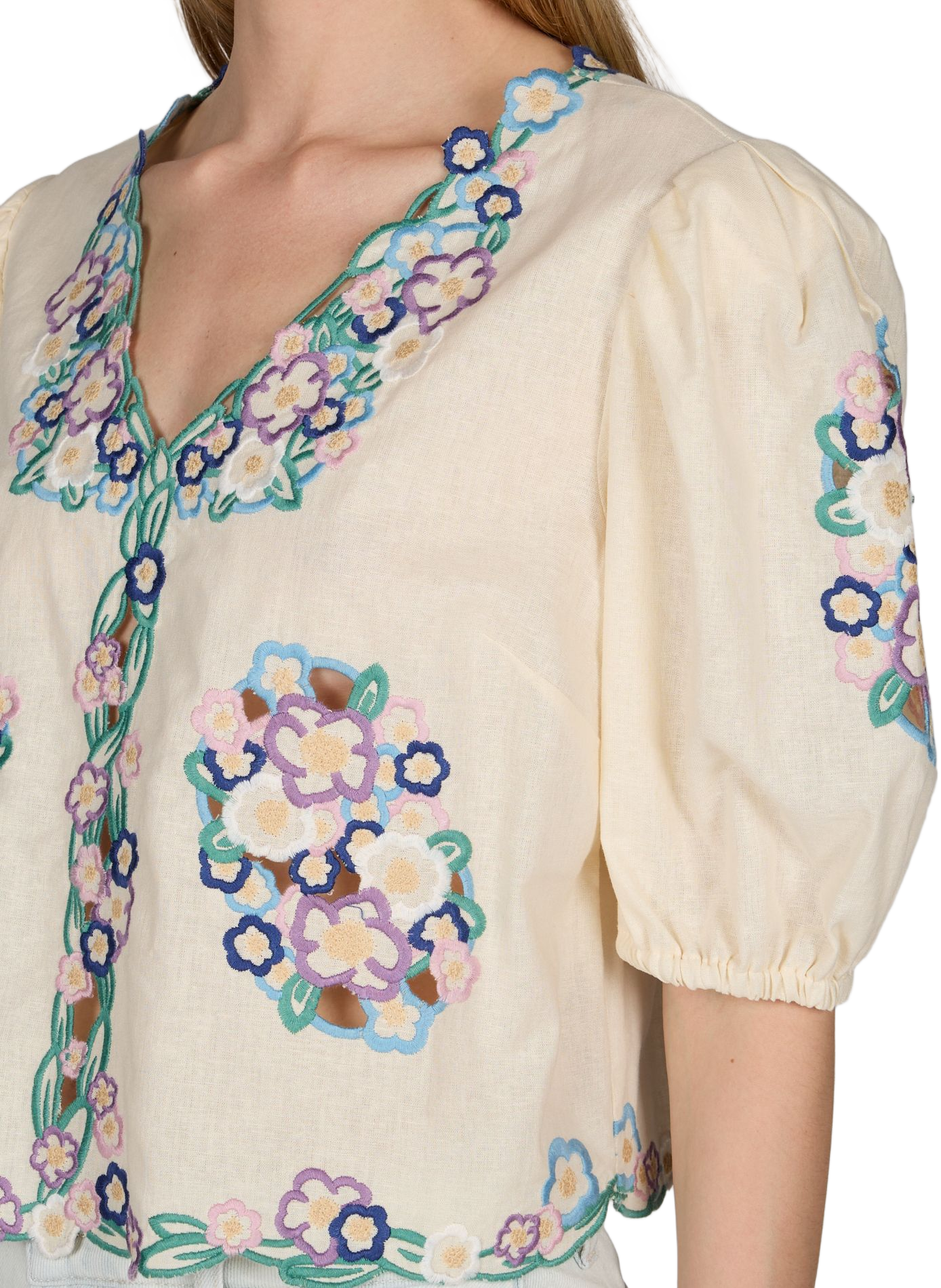 Top col V à broderies en lin mélangé BERENICE Beige