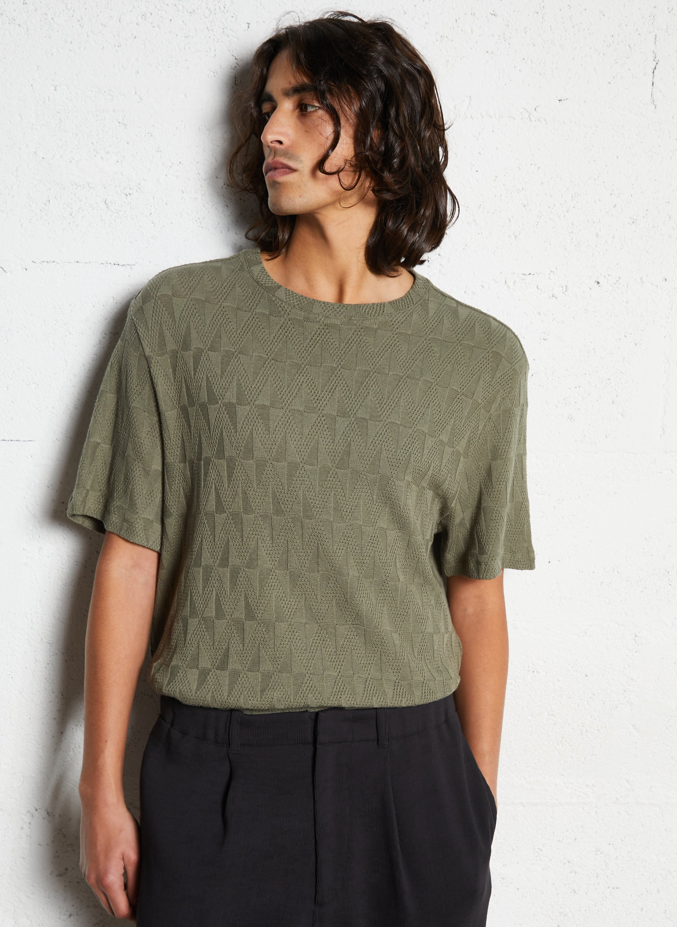Tee-shirt droit col rond en maille fantaisie IKKS Kaki