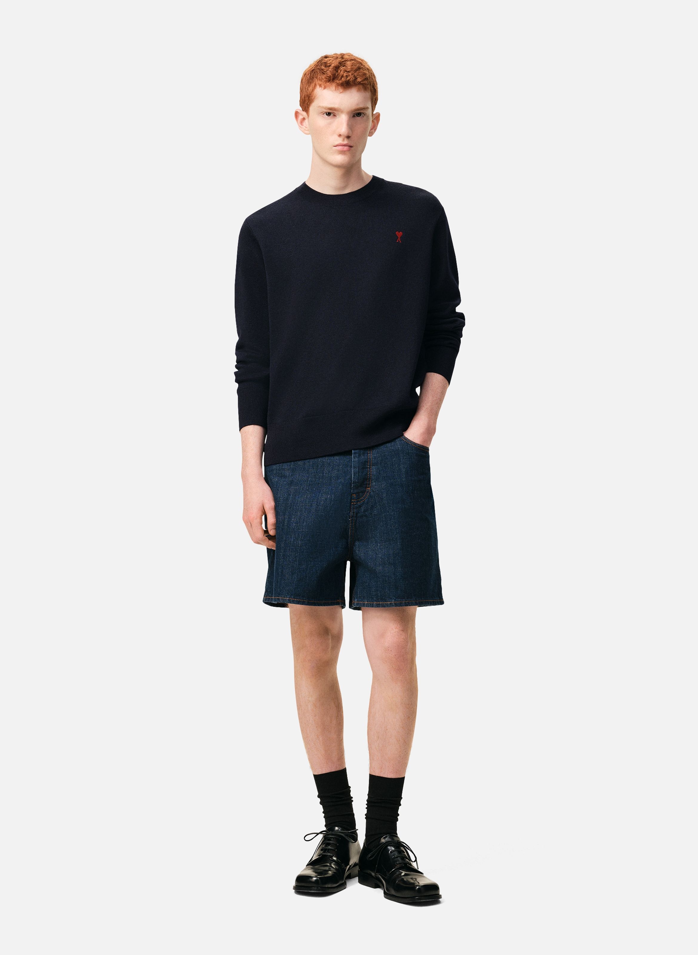 Pull col rond ami de coeur en laine  Marine/rouge