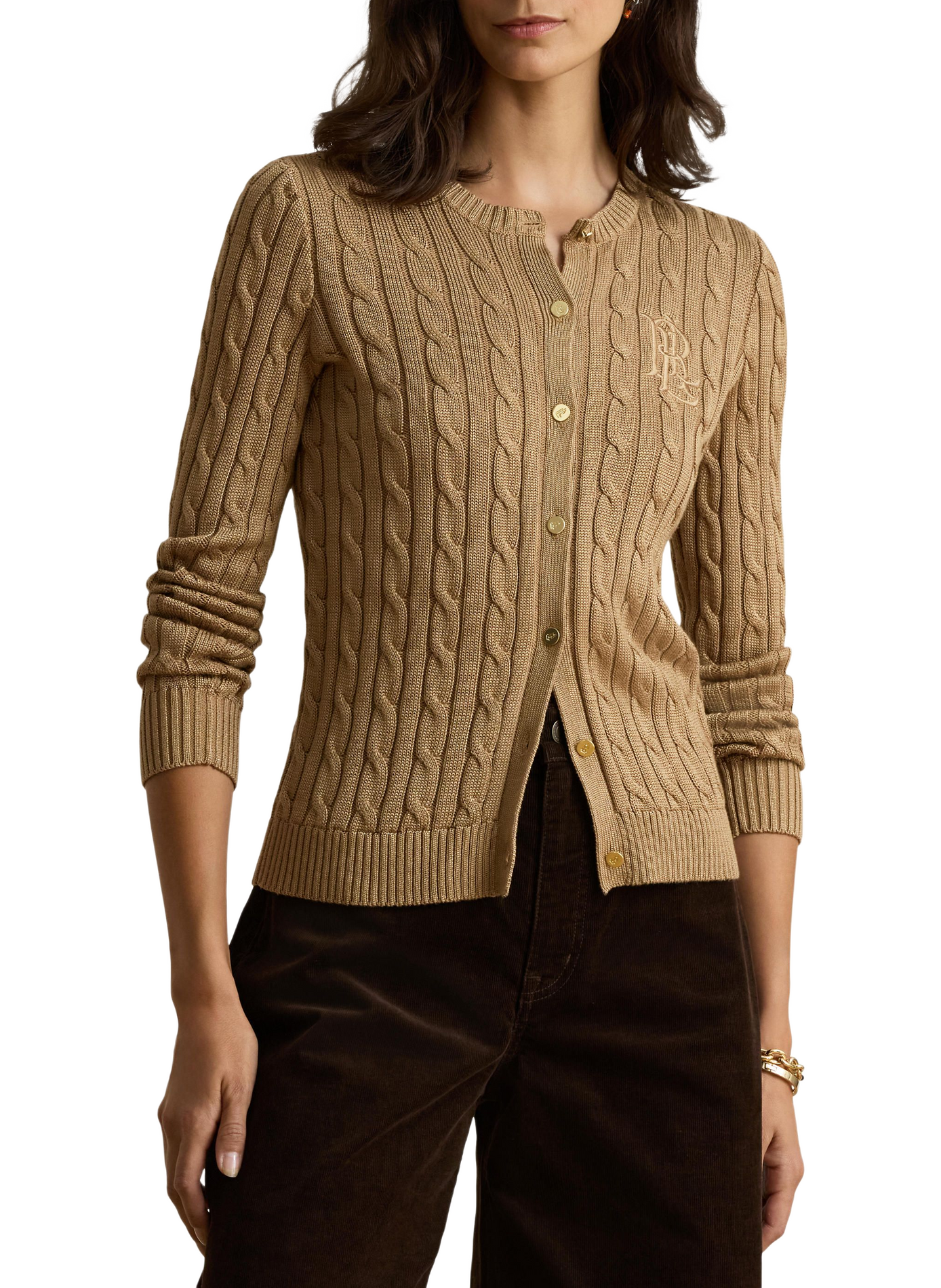 Cardigan with embroidered logo in twisted knit cotton. LAUREN Beige