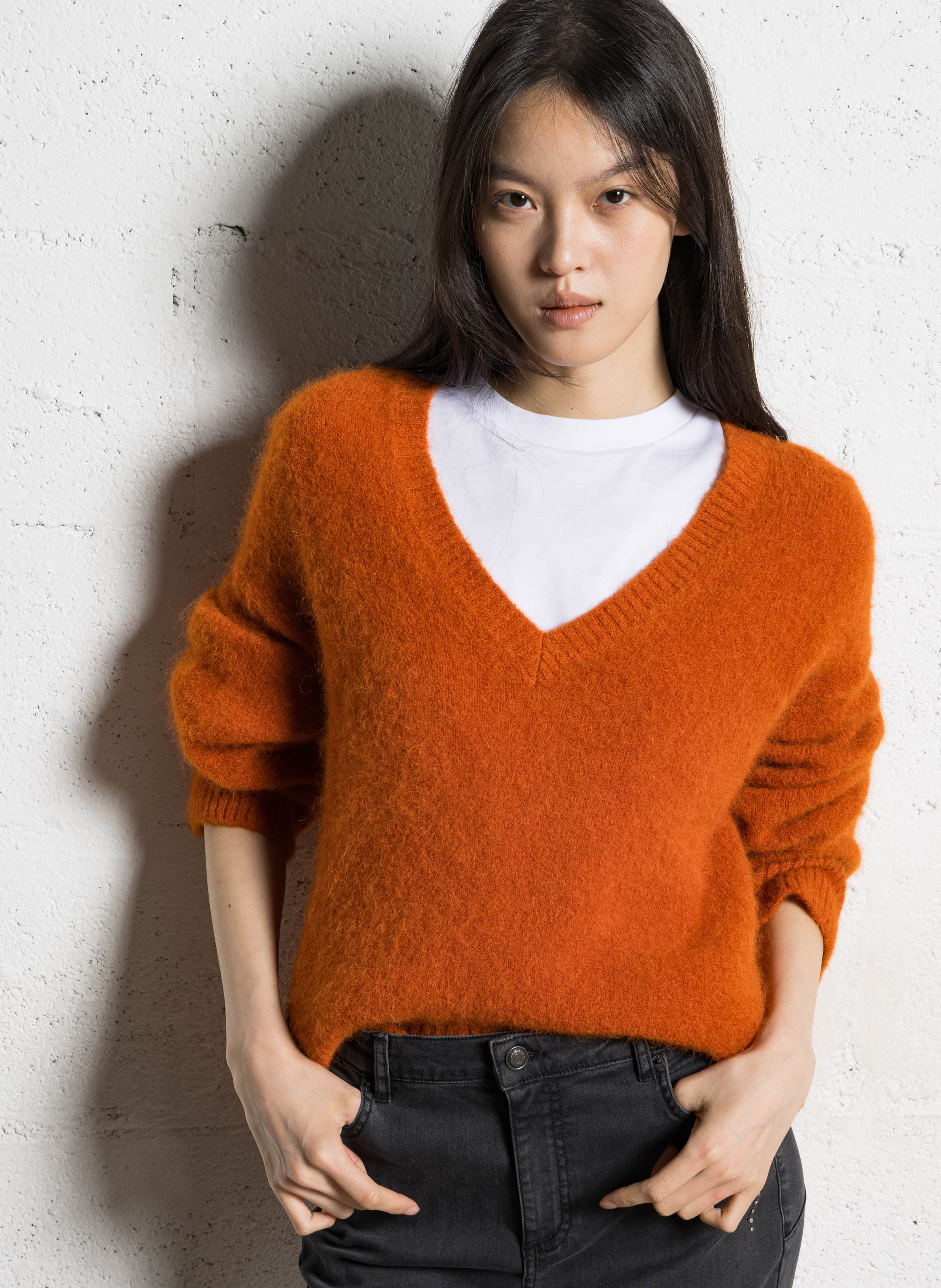 Pull droit col v en alpaga mélangé IKKS Orange