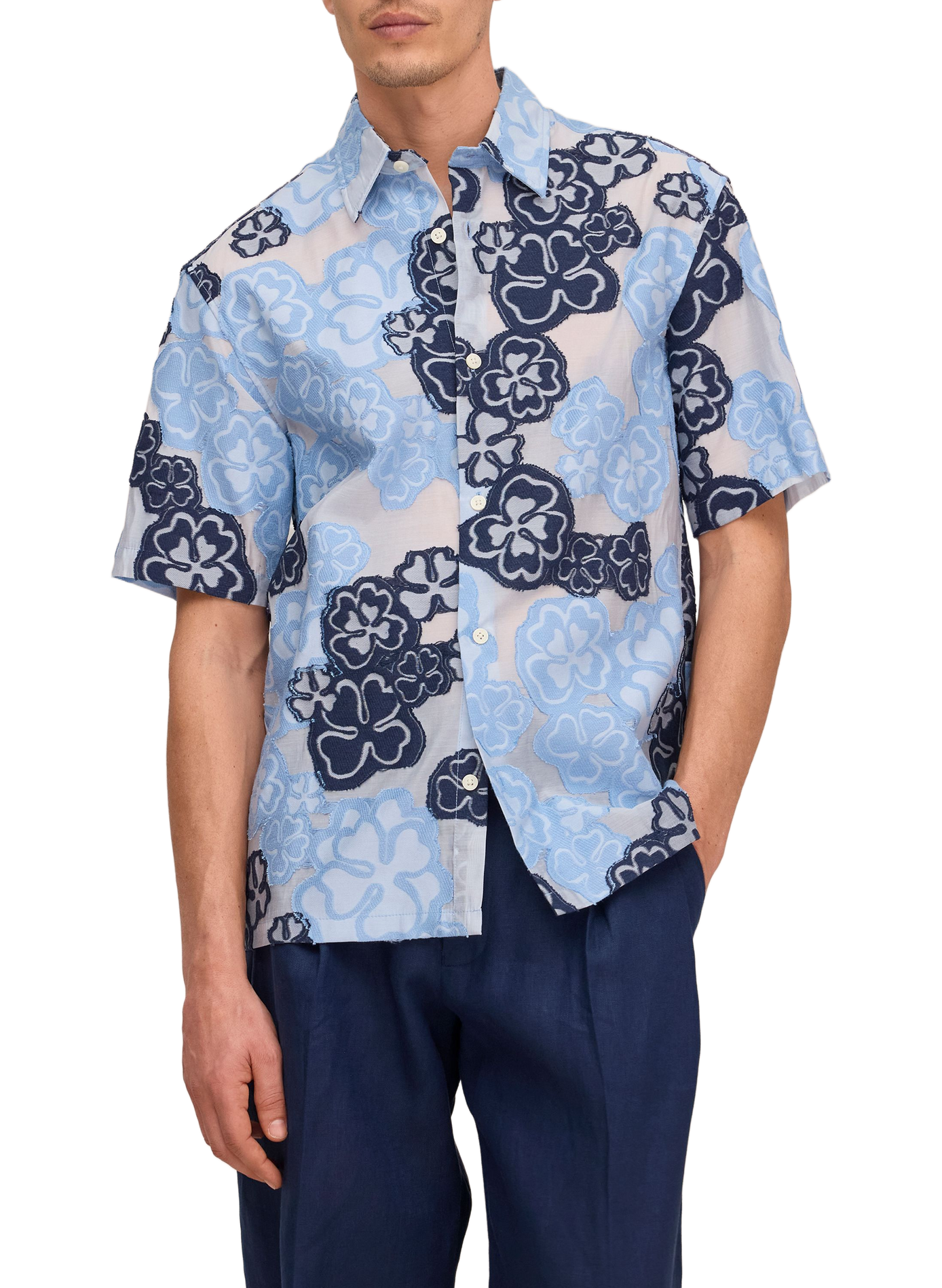 Shirt with embroidered panel in mixed cotton NN.07 Blue