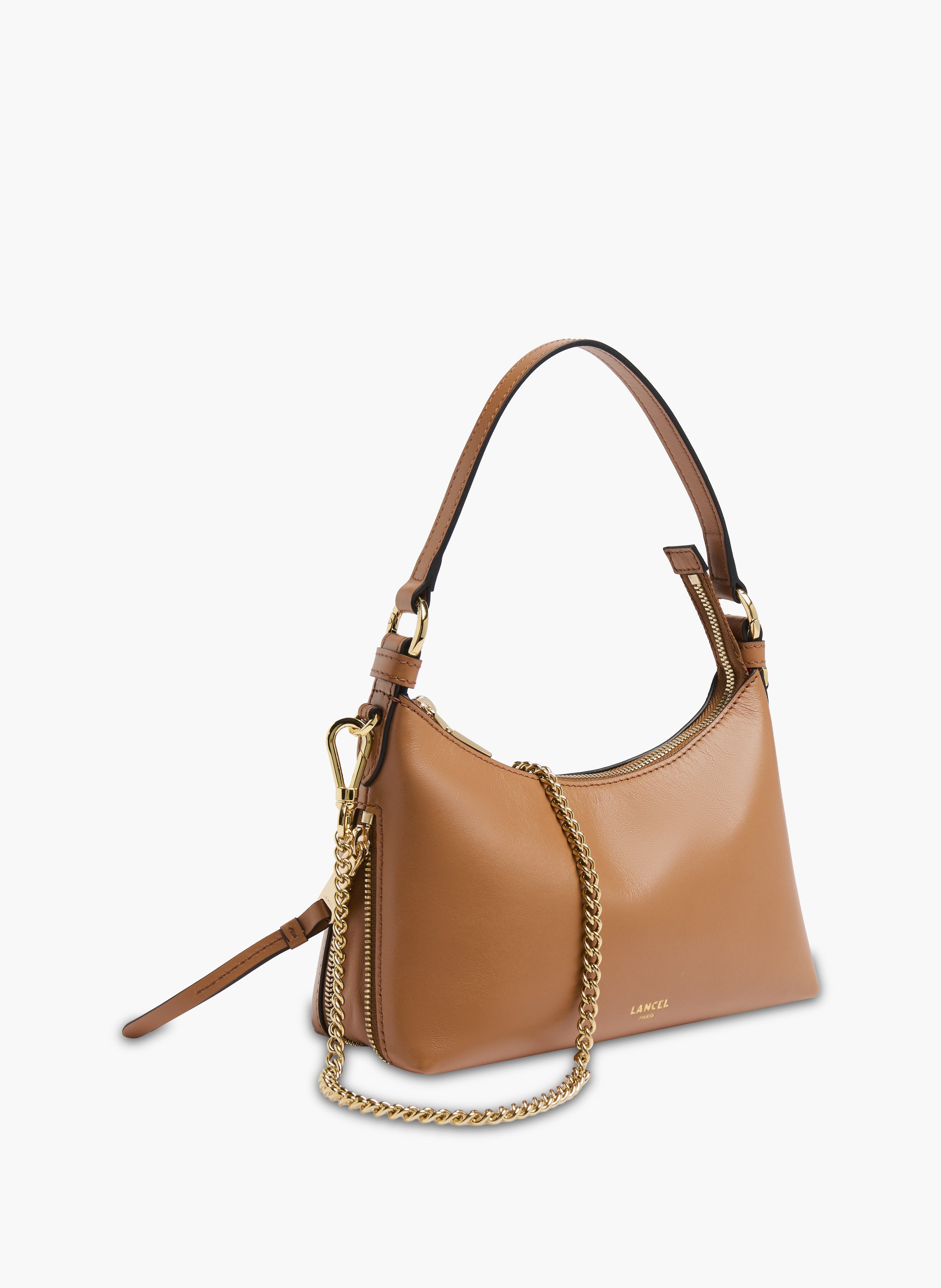 Lancel origami zip baby hobo bag, en cuir souple de veau camel lisse. LANCEL Marron