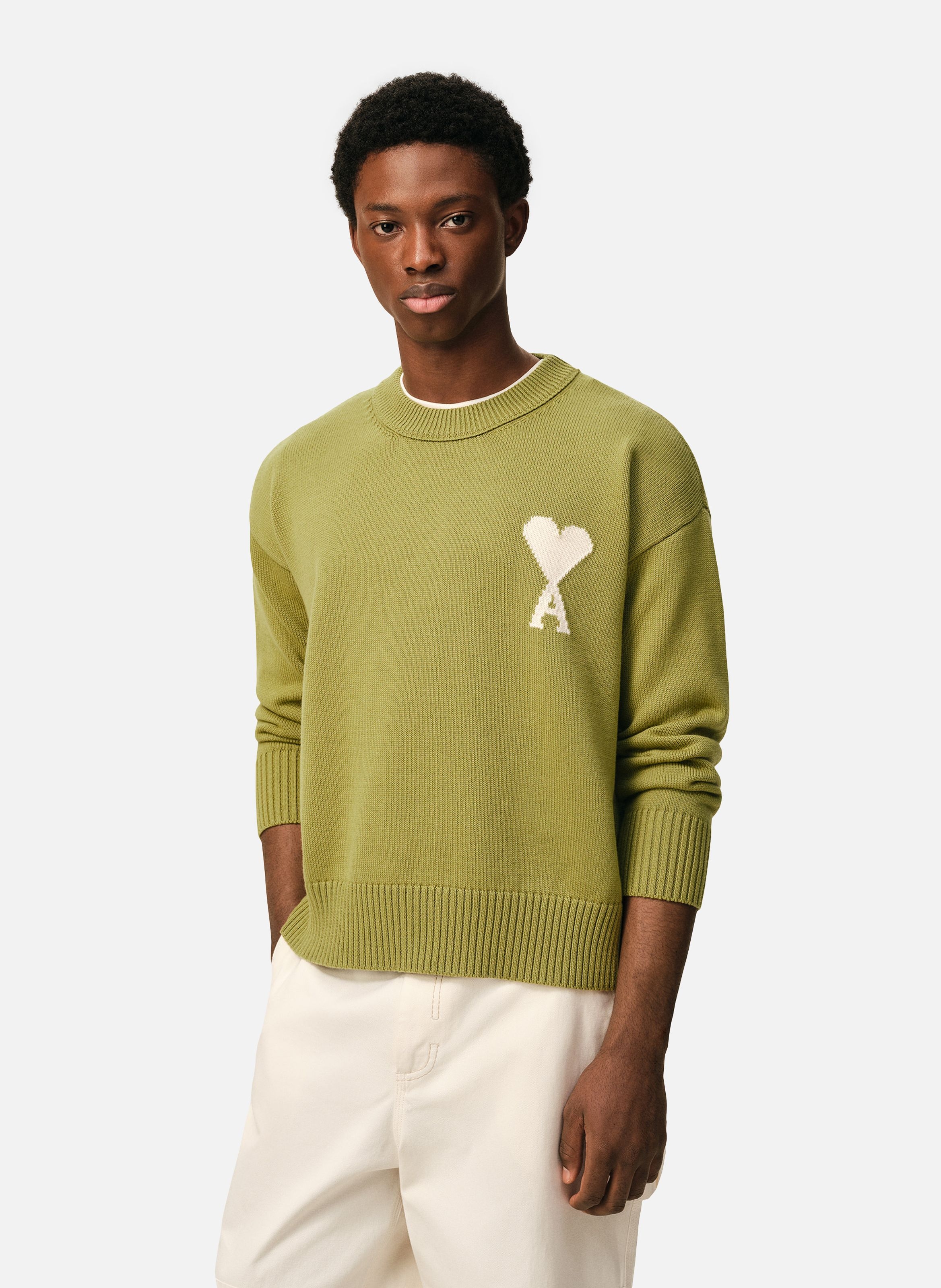 Pull col rond ami de coeur unisexe en laine et coton AMI PARIS Vert