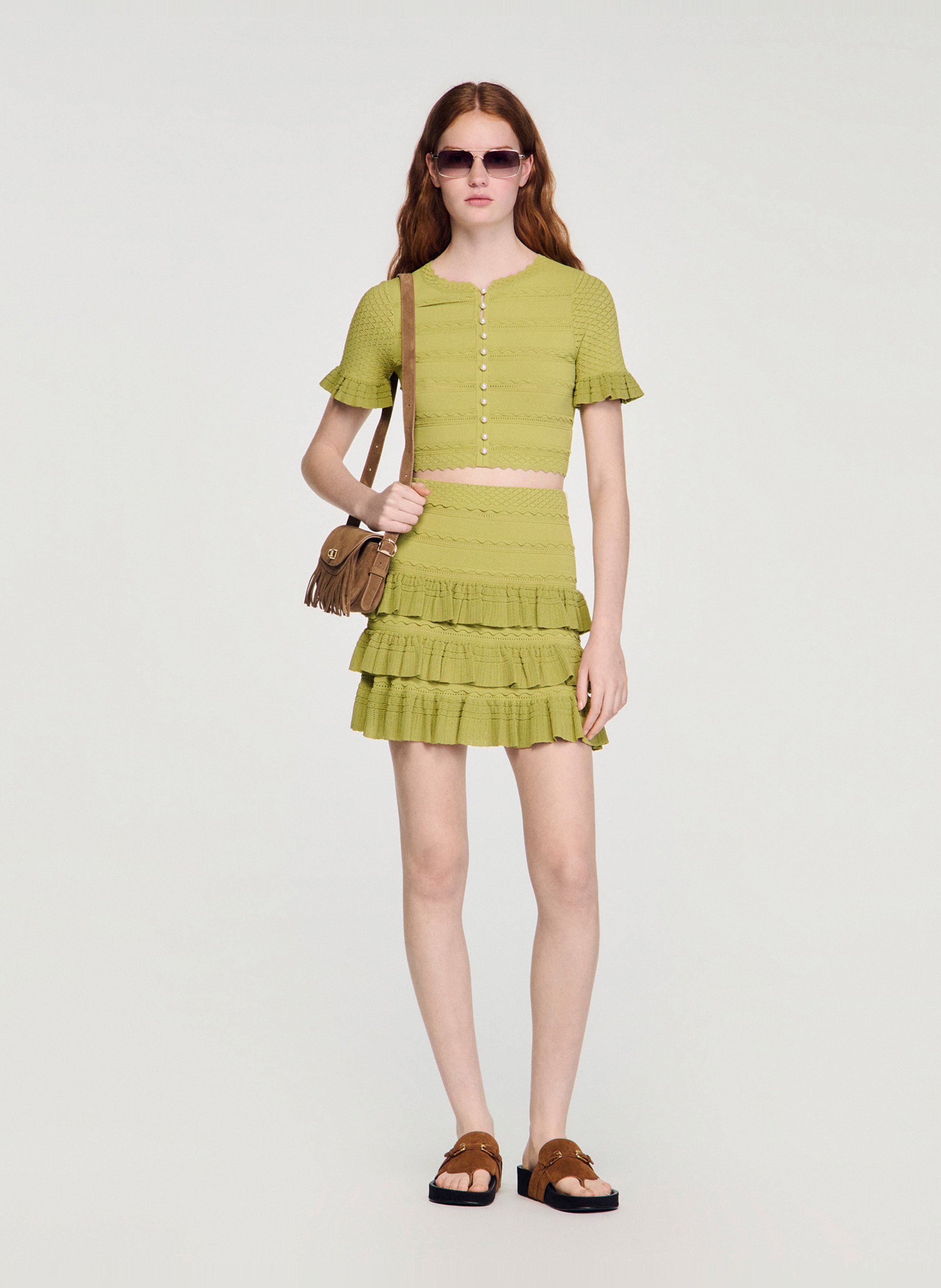 Jupe courte à volants SANDRO Vert