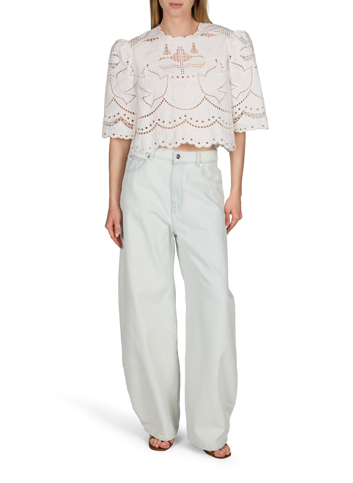 Top court ample à broderies ajourées BERENICE Blanc