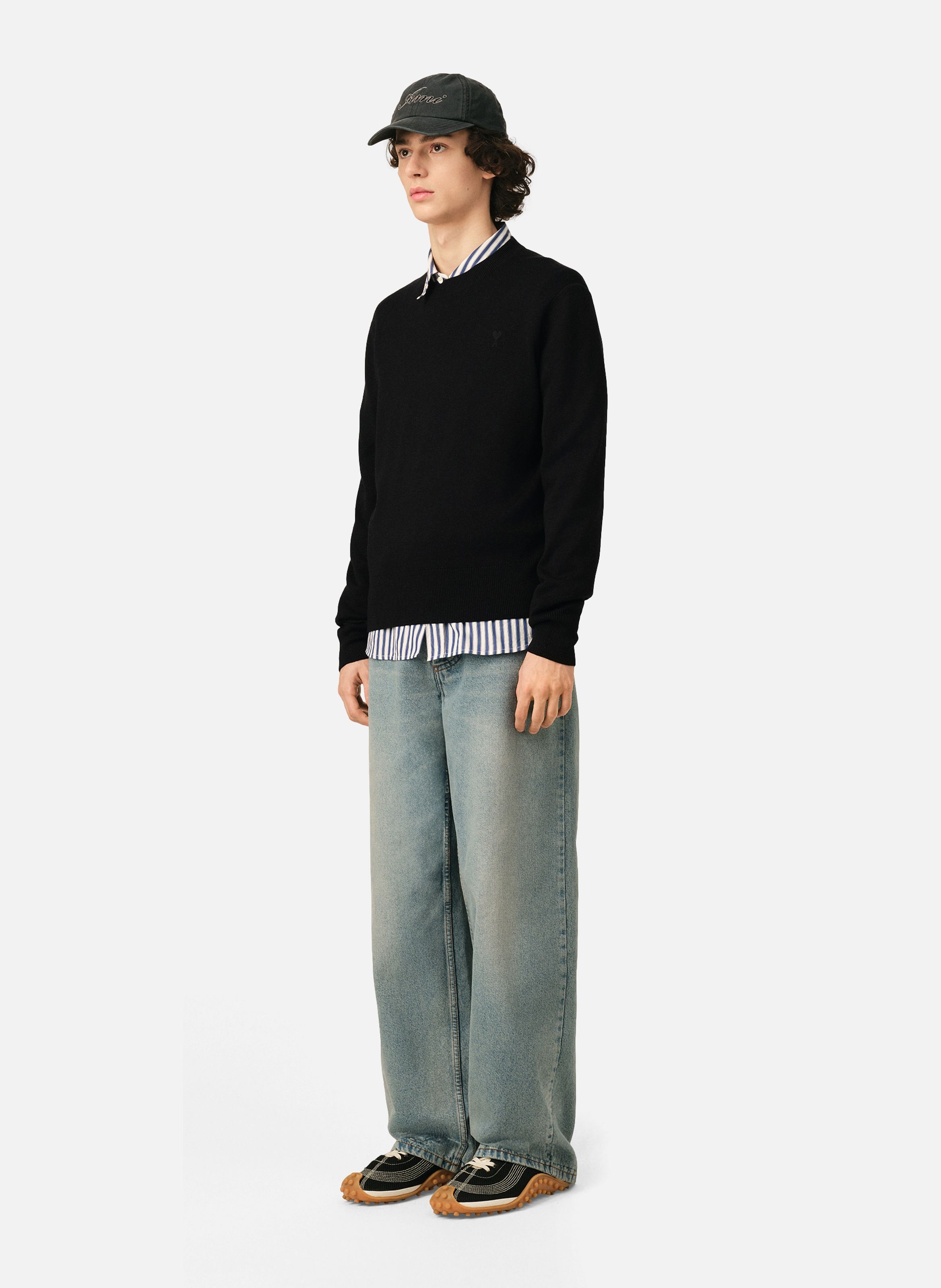 Pull col rond ami de coeur en laine AMI PARIS Noir