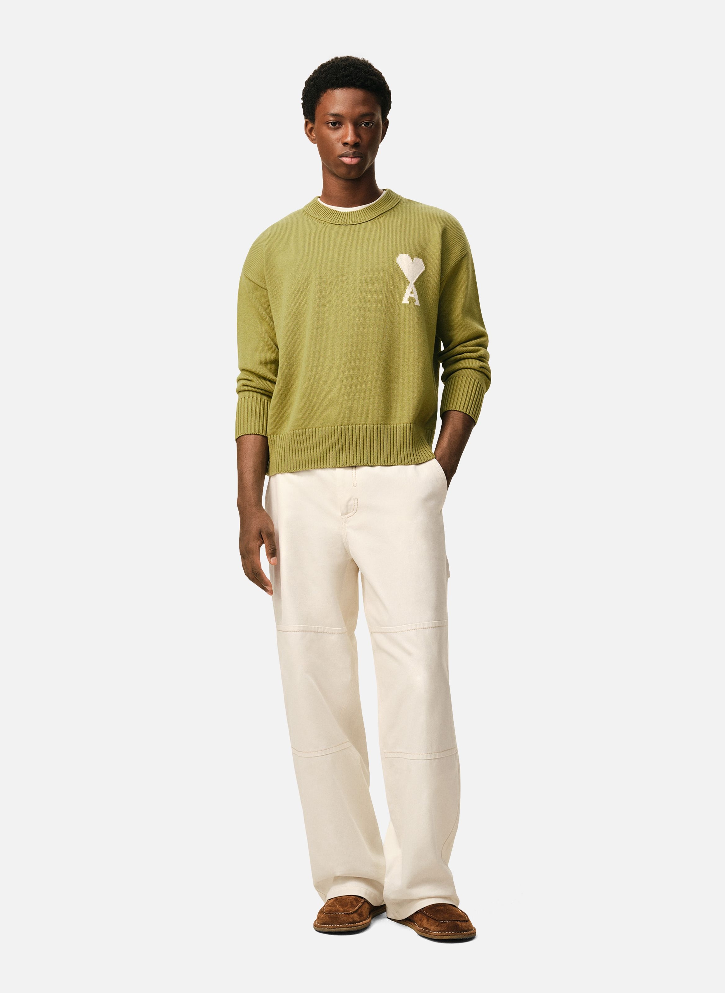 Pull col rond ami de coeur unisexe en laine et coton AMI PARIS Vert