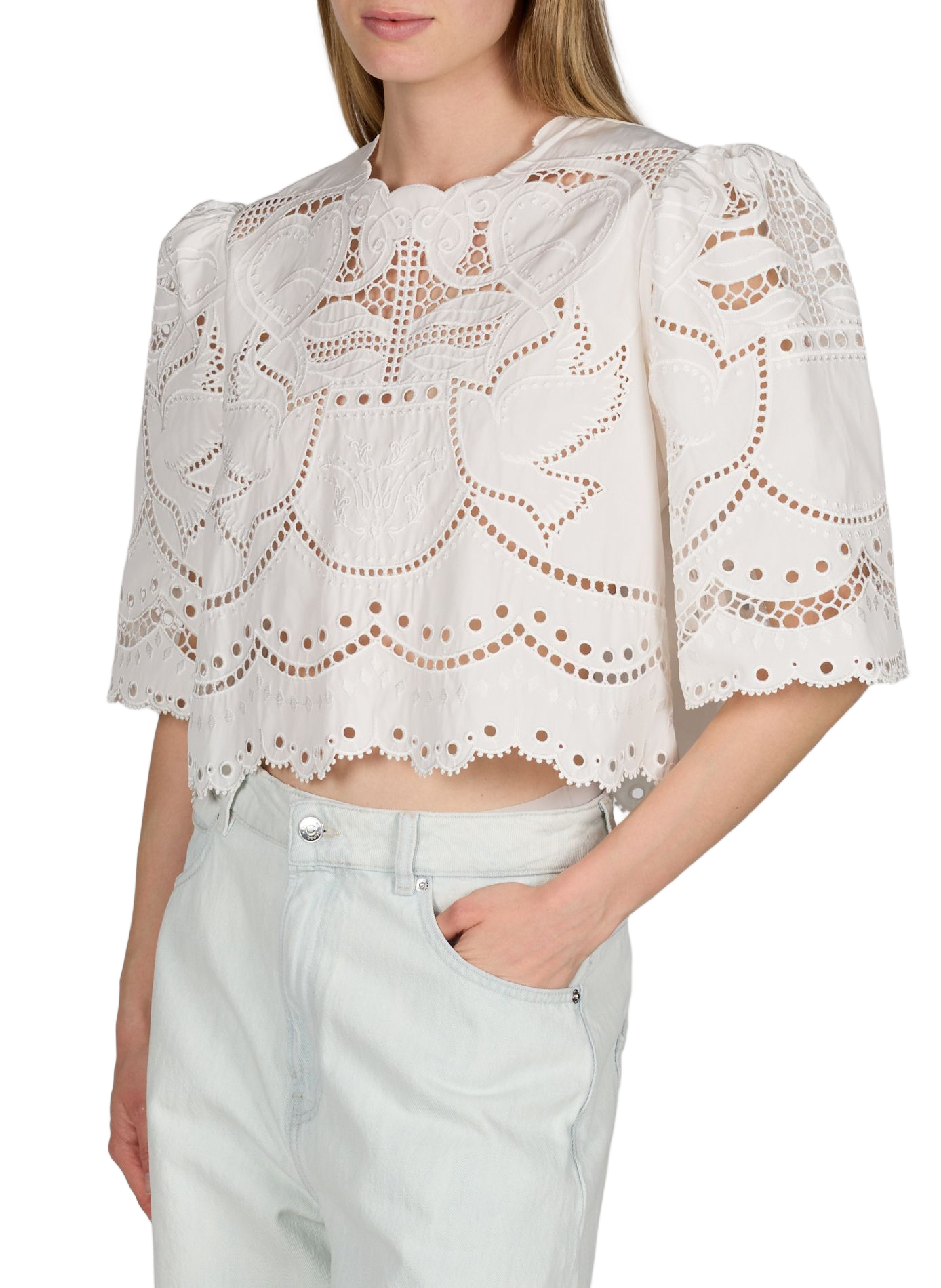 Top court ample à broderies ajourées BERENICE Blanc