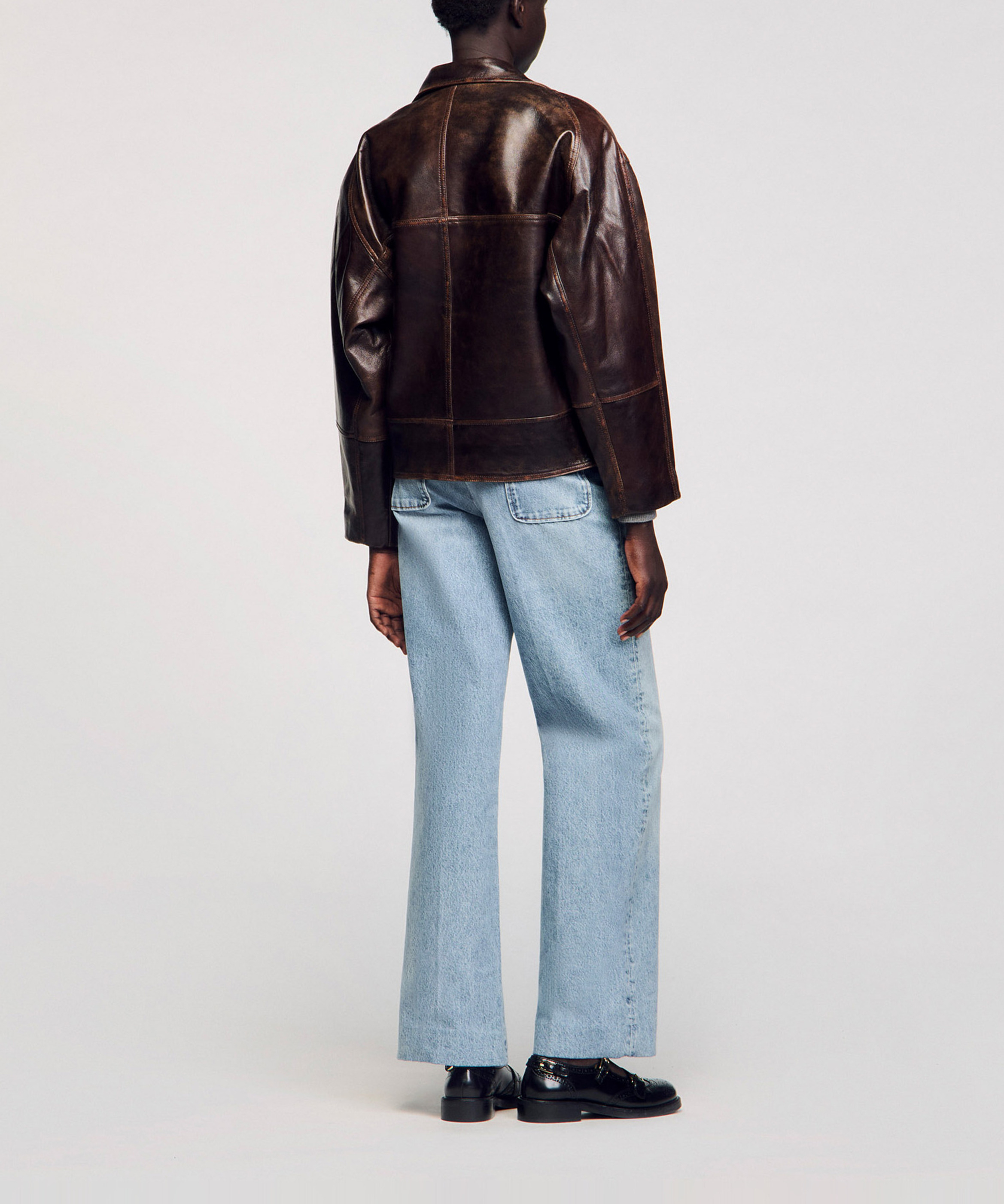Veste col tailleur en cuir SANDRO Marron