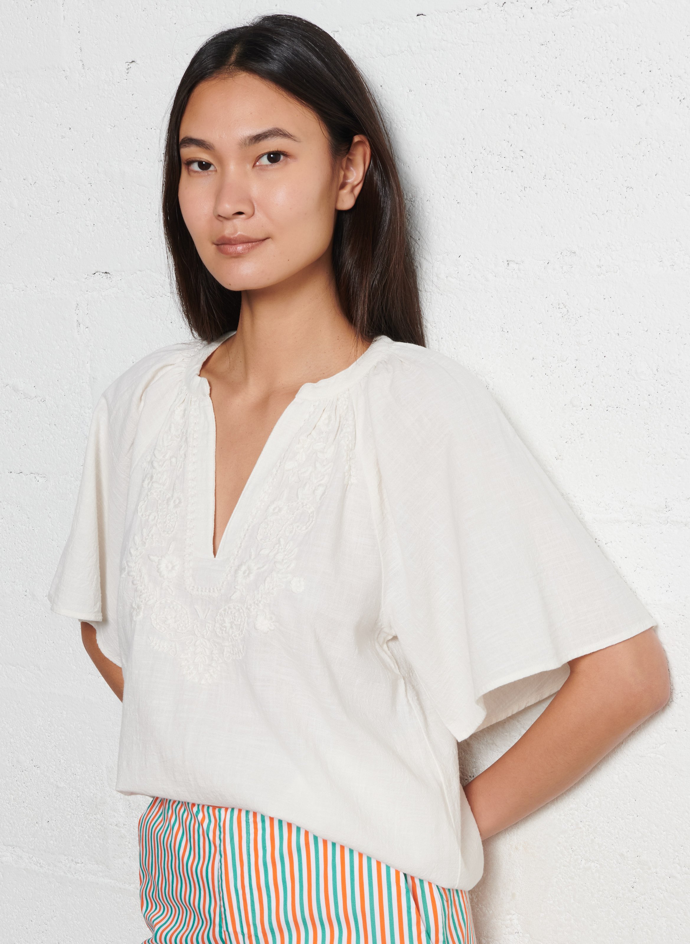 MAISON 123 Top droit en coton brodé poker Beige