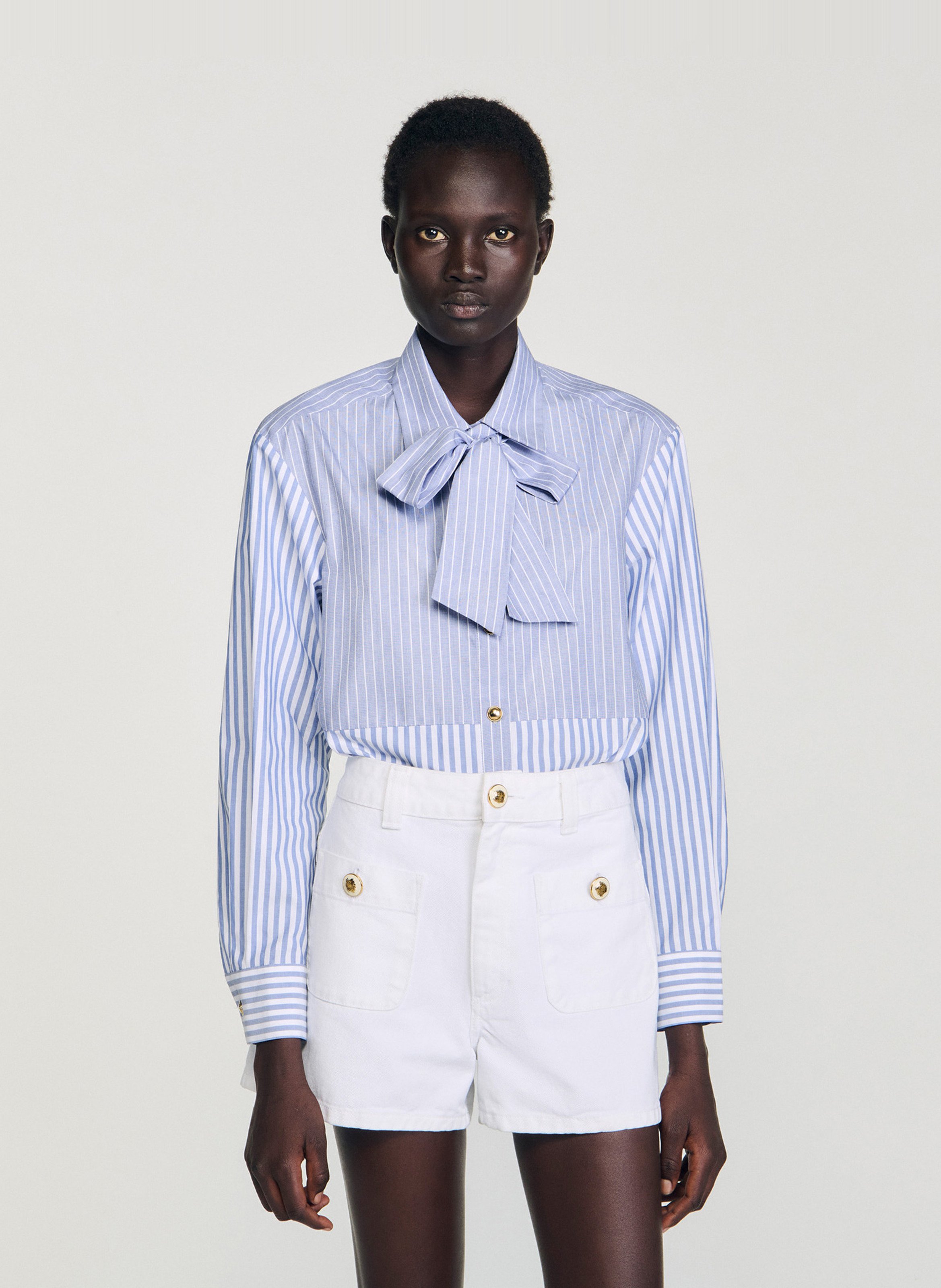 Chemise col lavallière rayée Bleu Sandro Femme