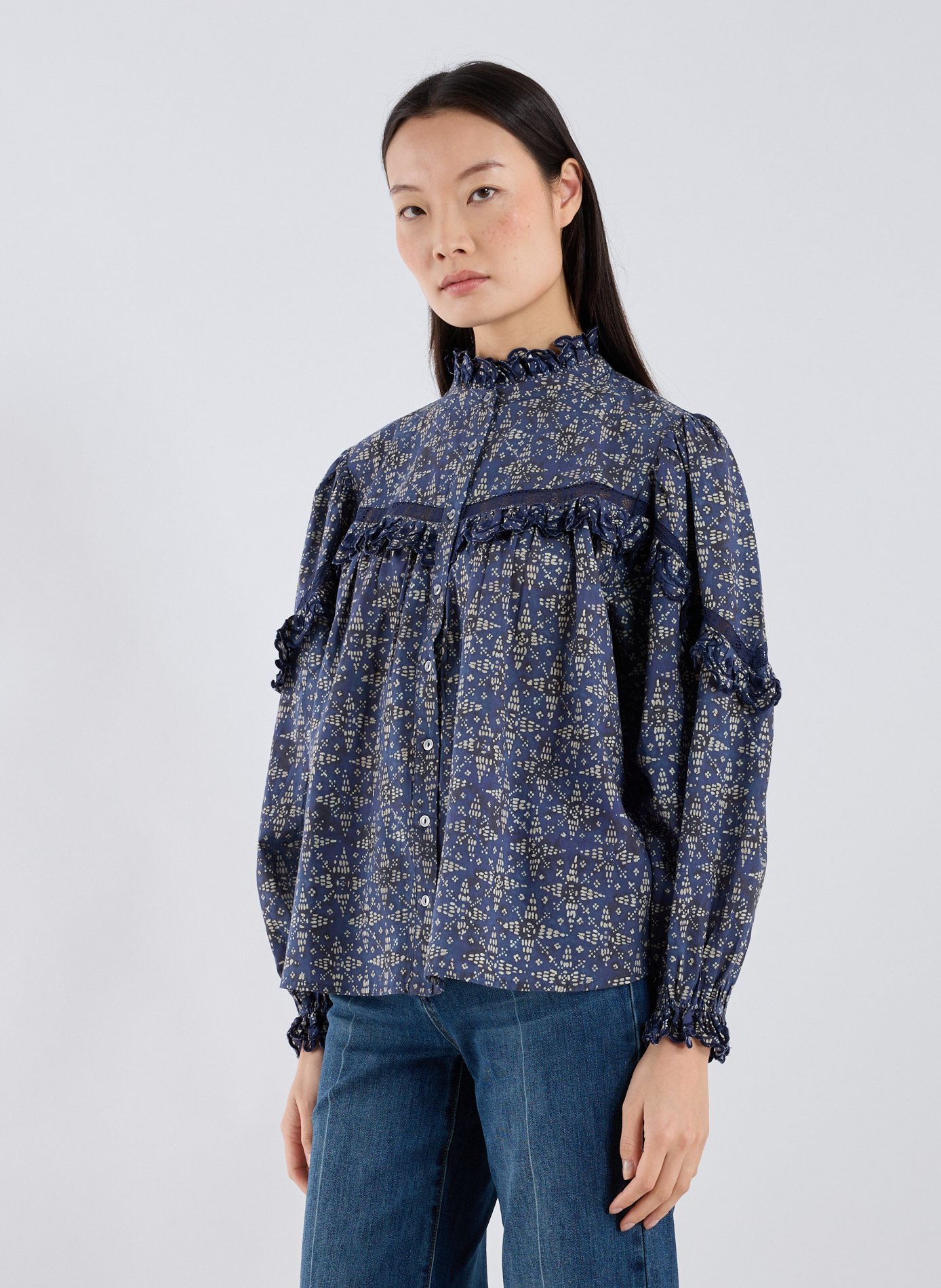 LOUISE MISHA Chemise col victorien imprimée en coton Bleu