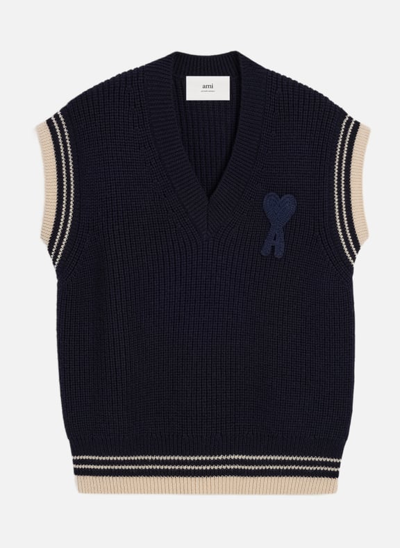Pull col v sans manches a côtes unisexe Bleu by AMI PARIS AMI PARIS Pull col v sans manches a côtes unisexe Bleu