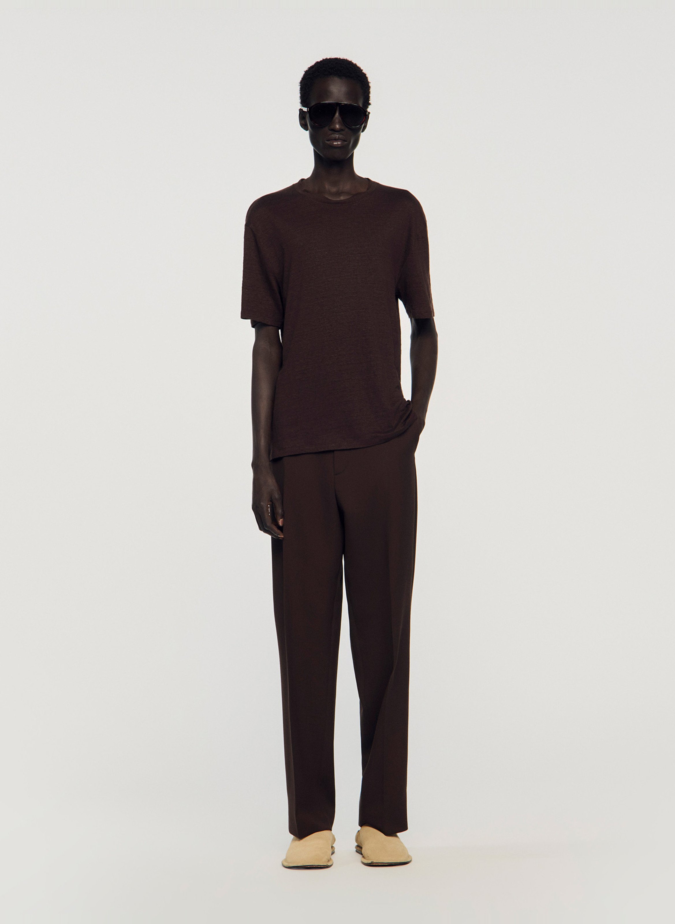 Tee-shirt col rond regular-fit en lin SANDRO Marron