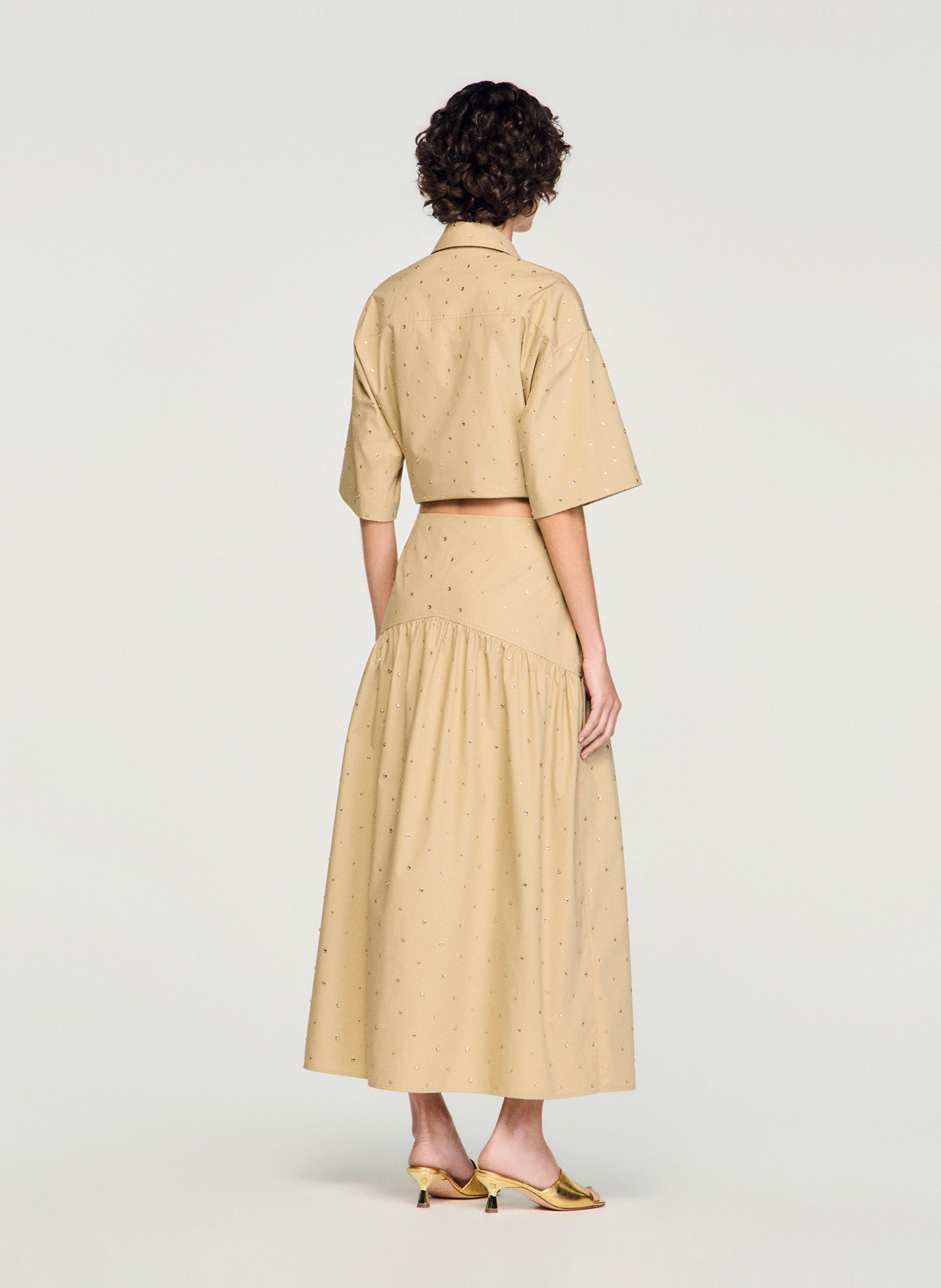 Jupe longue évasée à strass SANDRO Beige