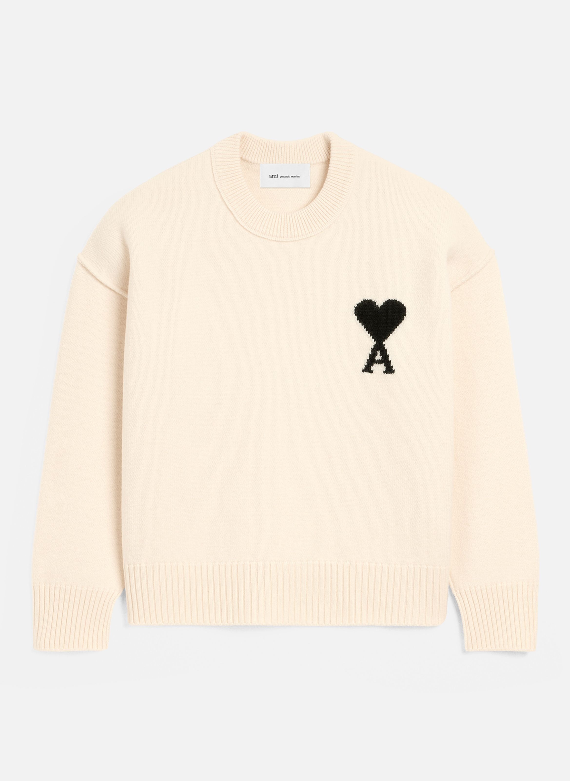Pull col rond ami de coeur en laine unisexe AMI PARIS Blanc